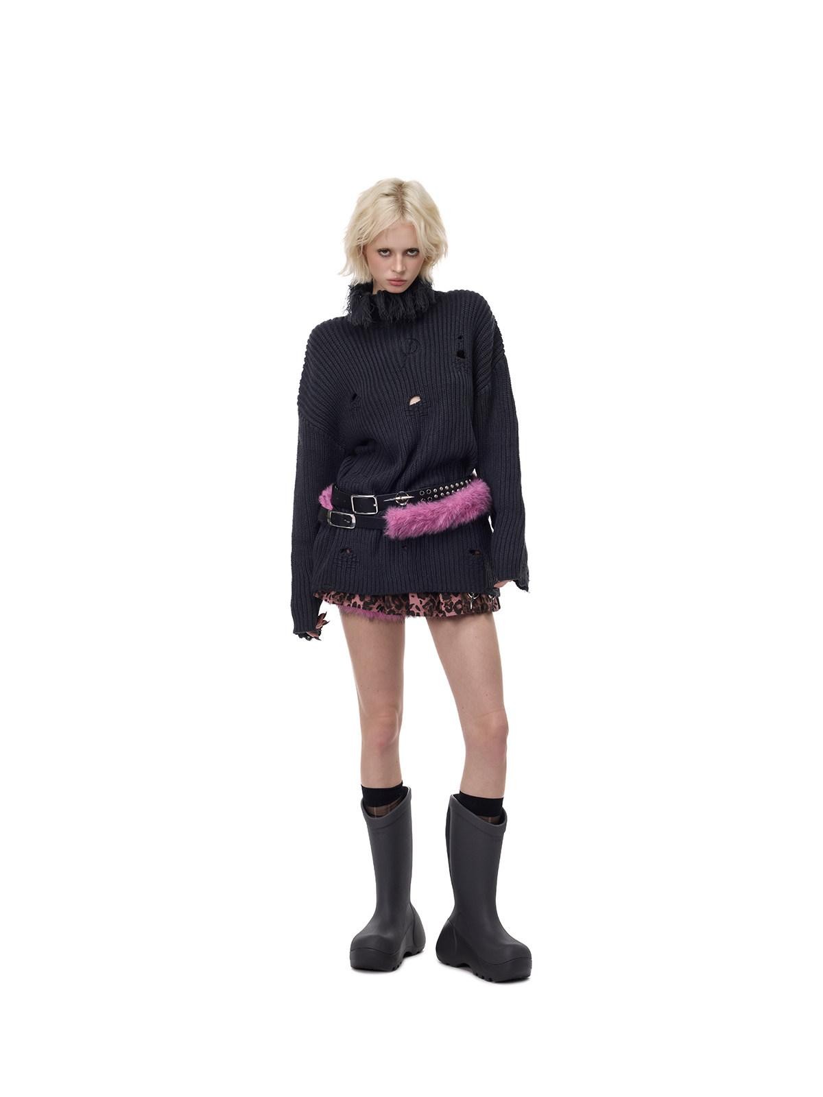 PINKSPINK Deep Purple Distressed Loose Knit Women's Acrylic Blend Turtleneck Sweaters