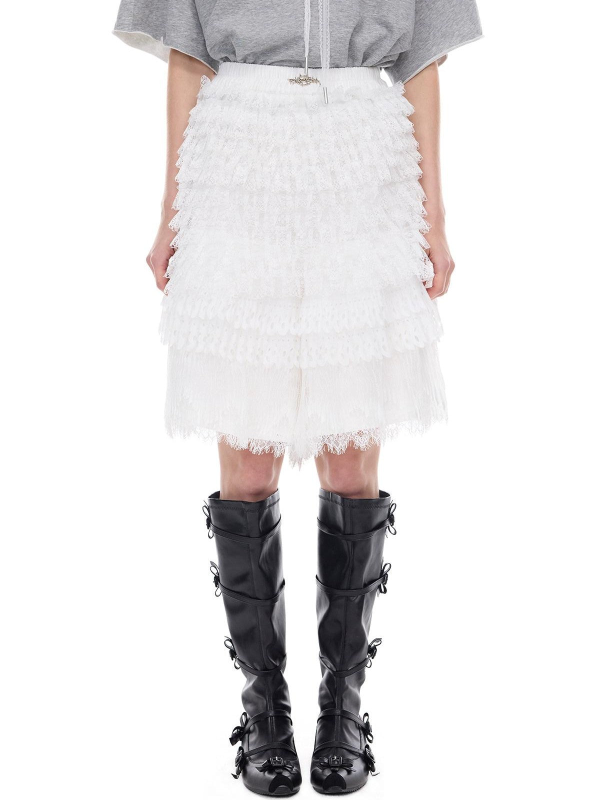 PINKSPINK Detachable Lace Layered Patchwork Pocket Wide Leg Women's Polyester Skorts