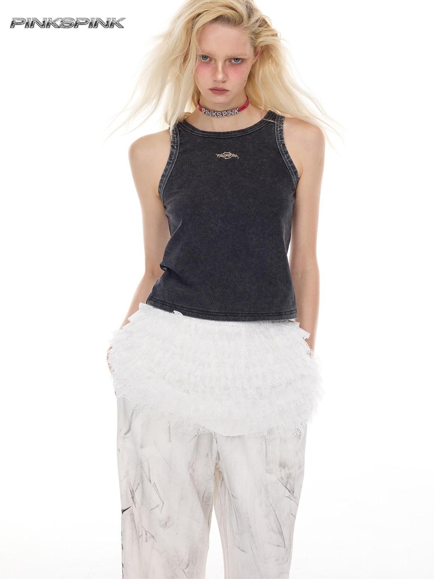 PINKSPINK Detachable Lace Layered Patchwork Pocket Wide Leg Women's Polyester Skorts
