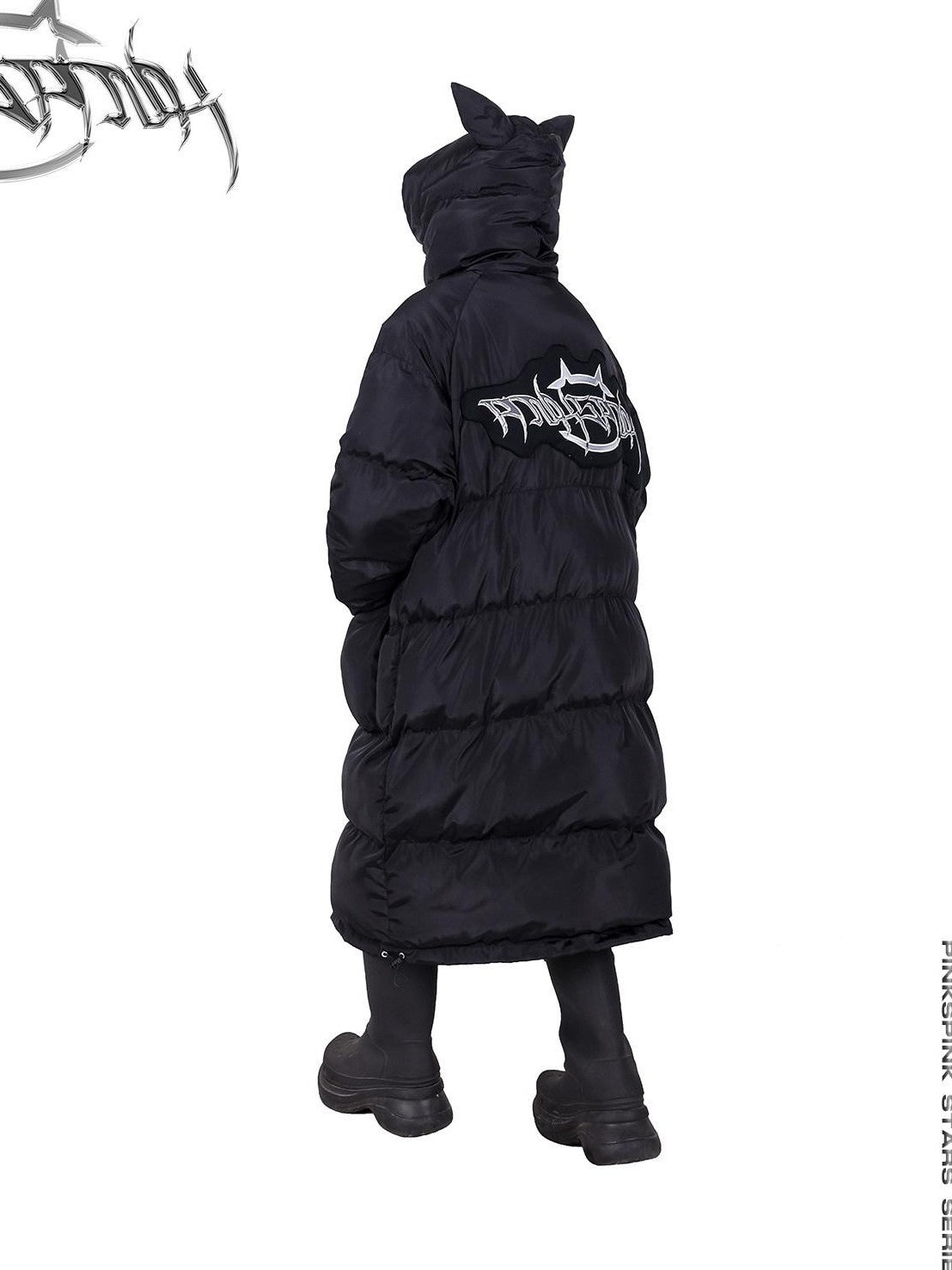 PINKSPINK Devil Cat Ear Hooded Letter Print Long Zip Women's Cotton Filled Puffer Jackets