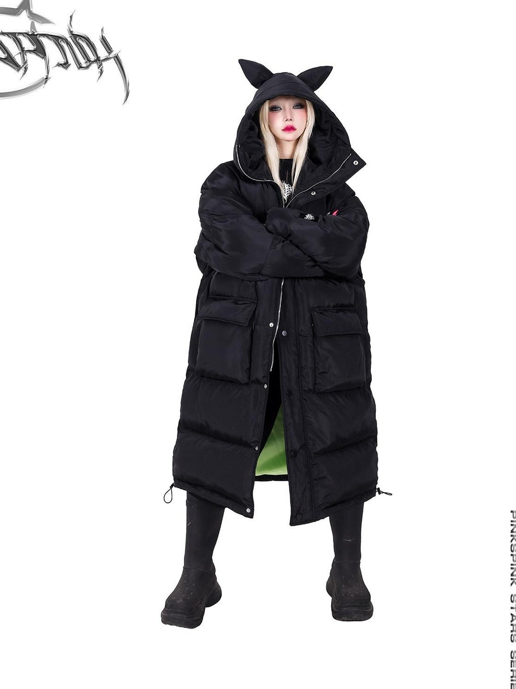PINKSPINK Devil Cat Ear Hooded Letter Print Long Zip Women's Cotton Filled Puffer Jackets