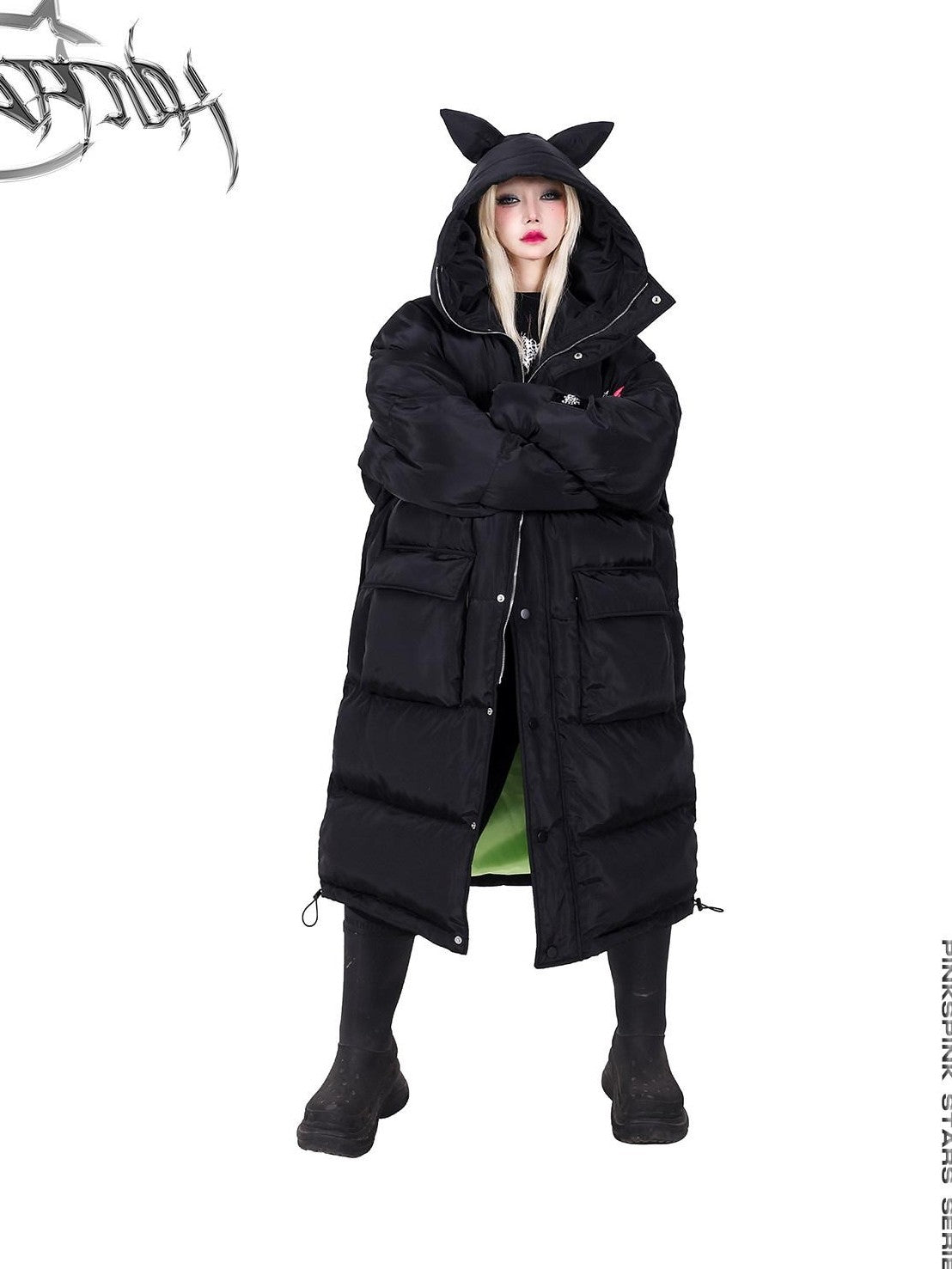 PINKSPINK Devil Cat Ear Hooded Letter Print Long Zip Women's Cotton Filled Puffer Jackets