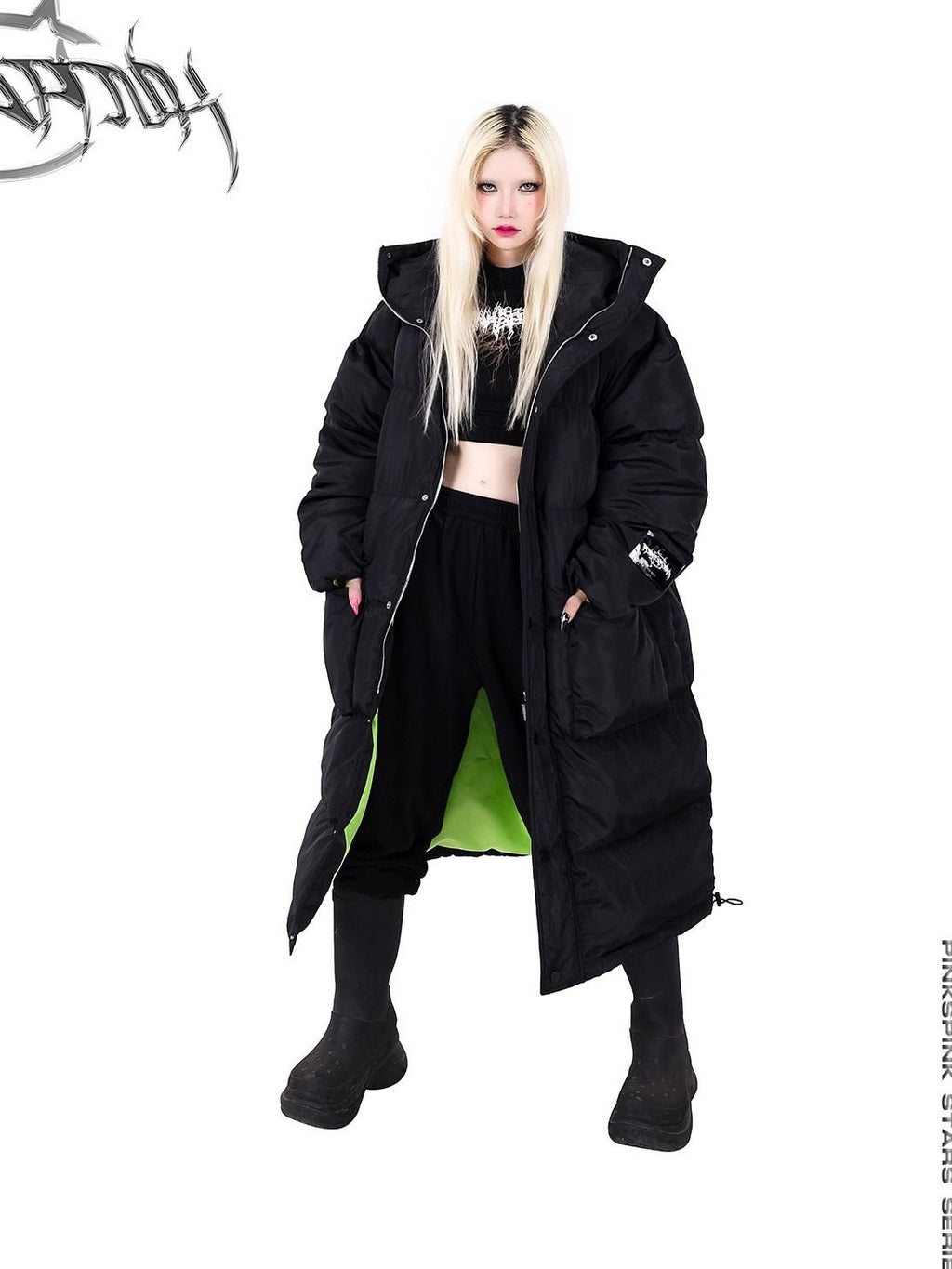 PINKSPINK Devil Cat Ear Hooded Letter Print Long Zip Women's Cotton Filled Puffer Jackets