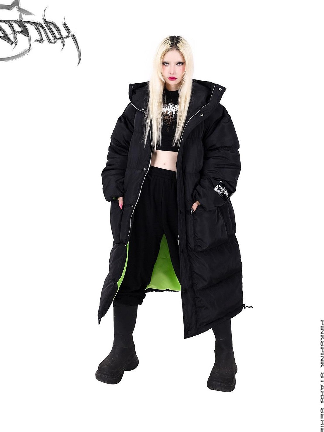 PINKSPINK Devil Cat Ear Hooded Letter Print Long Zip Women's Cotton Filled Puffer Jackets