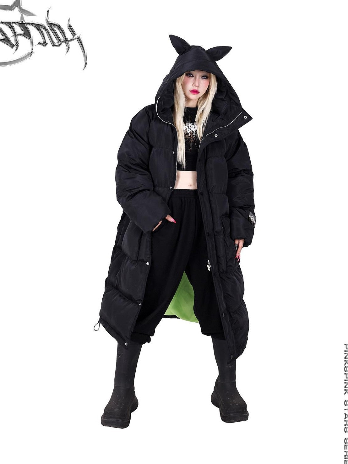 PINKSPINK Devil Cat Ear Hooded Letter Print Long Zip Women's Cotton Filled Puffer Jackets