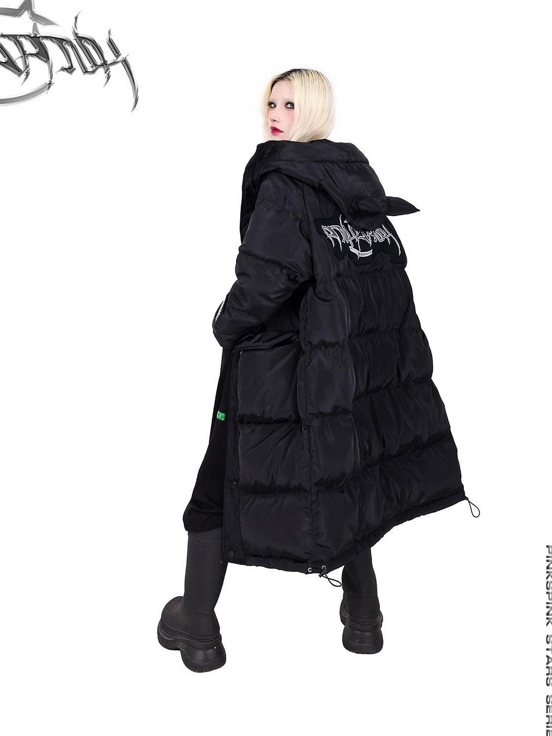 PINKSPINK Devil Cat Ear Hooded Letter Print Long Zip Women's Cotton Filled Puffer Jackets