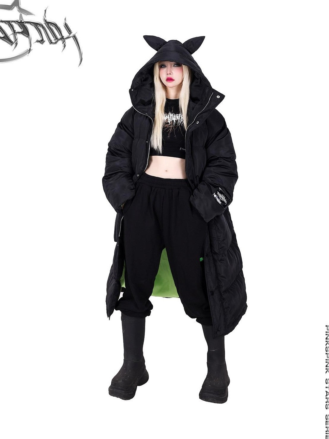 PINKSPINK Devil Cat Ear Hooded Letter Print Long Zip Women's Cotton Filled Puffer Jackets