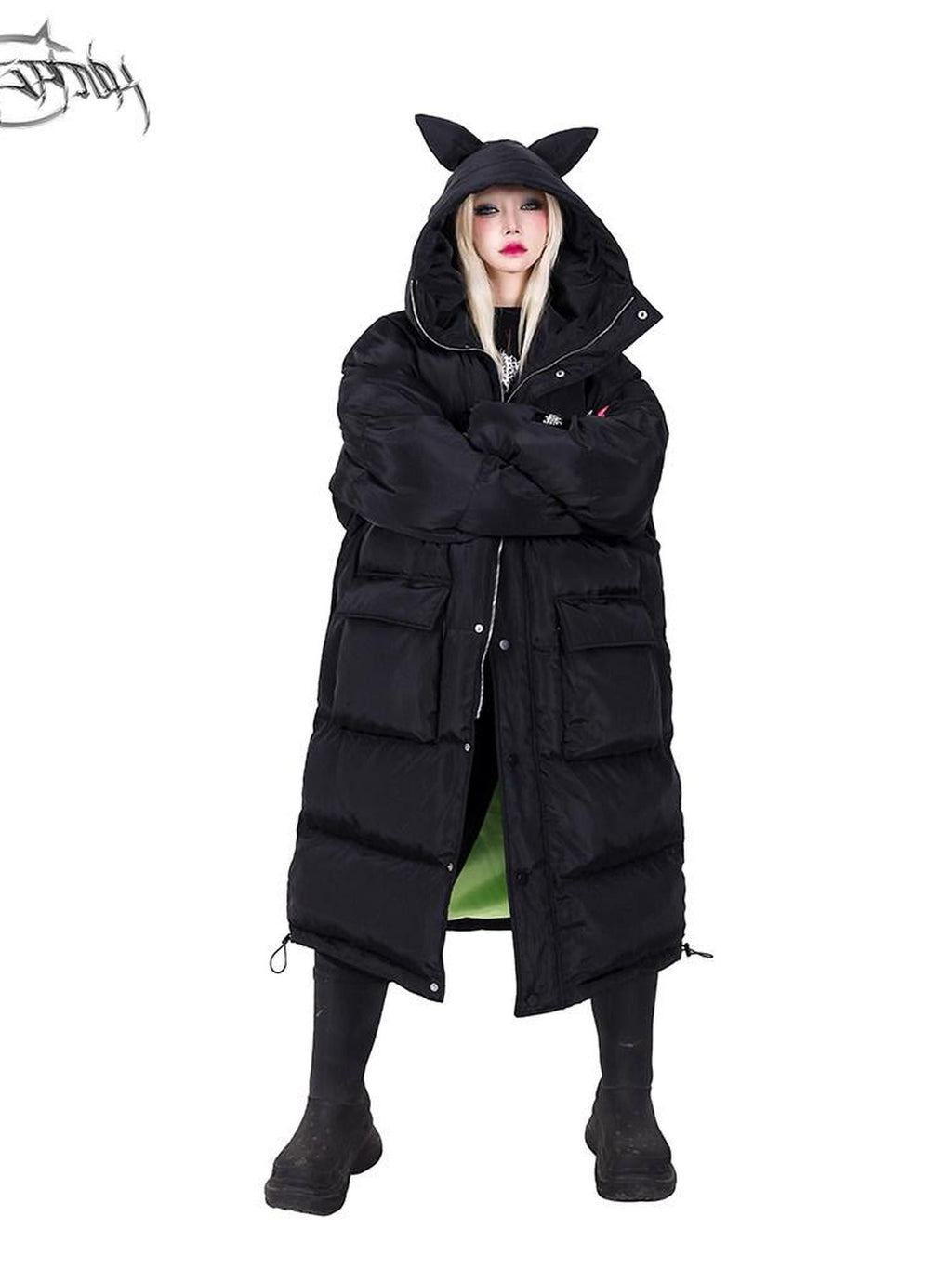 PINKSPINK Devil Cat Ear Lettering Hood Women's Cotton Filled Long Puffer Jackets