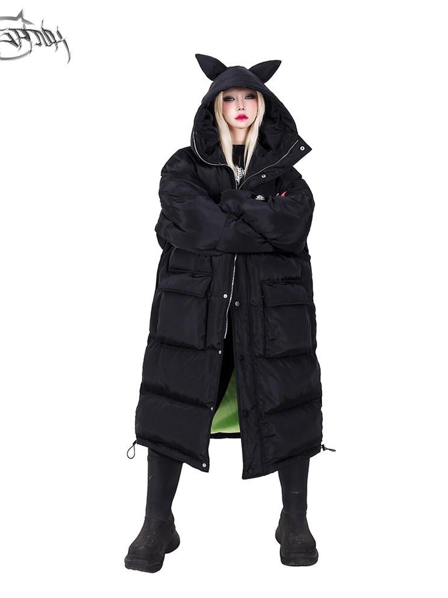 PINKSPINK Devil Cat Ear Lettering Hood Women's Cotton Filled Long Puffer Jackets