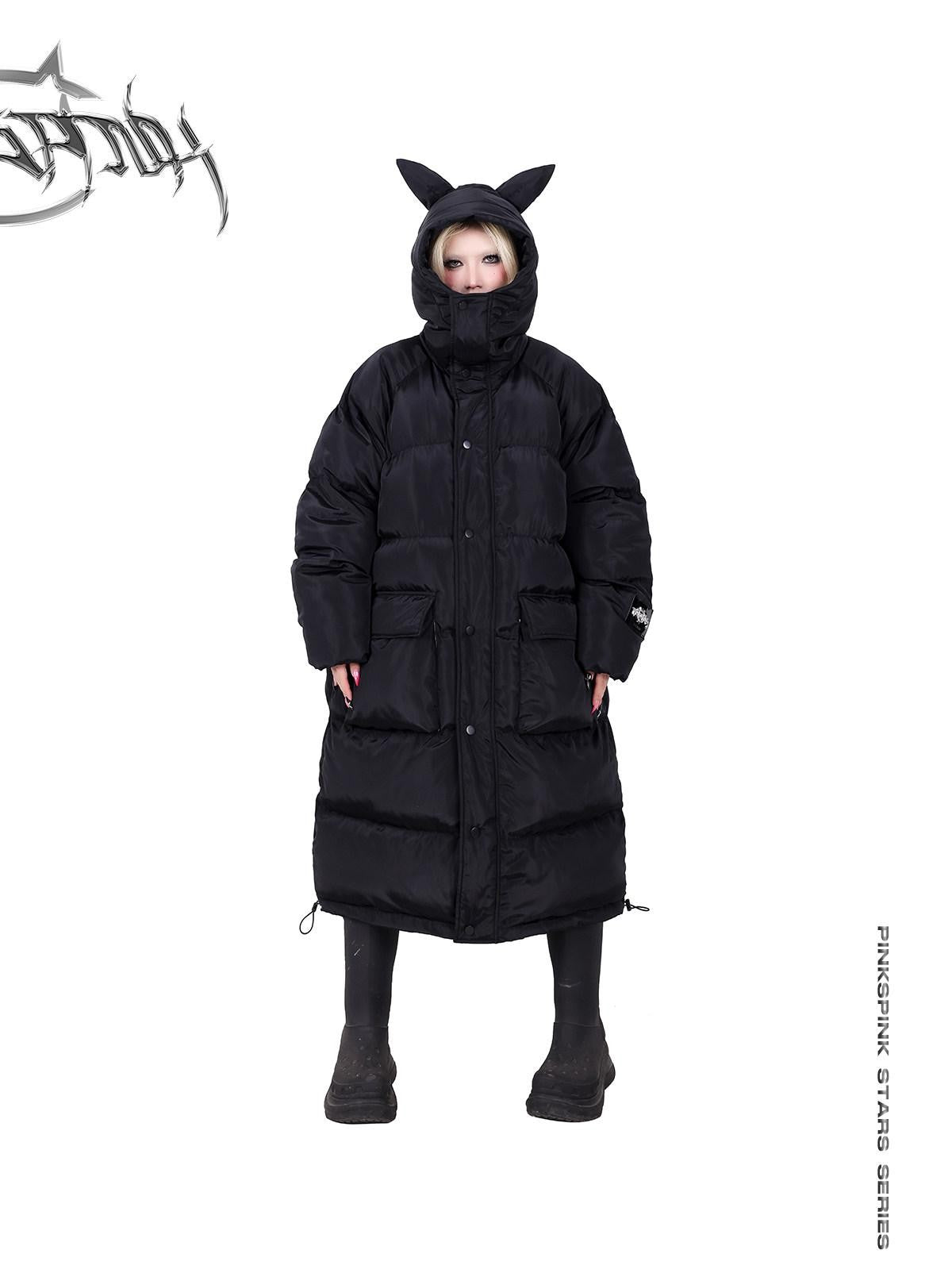 PINKSPINK Devil Cat Ear Lettering Hood Women's Cotton Filled Long Puffer Jackets
