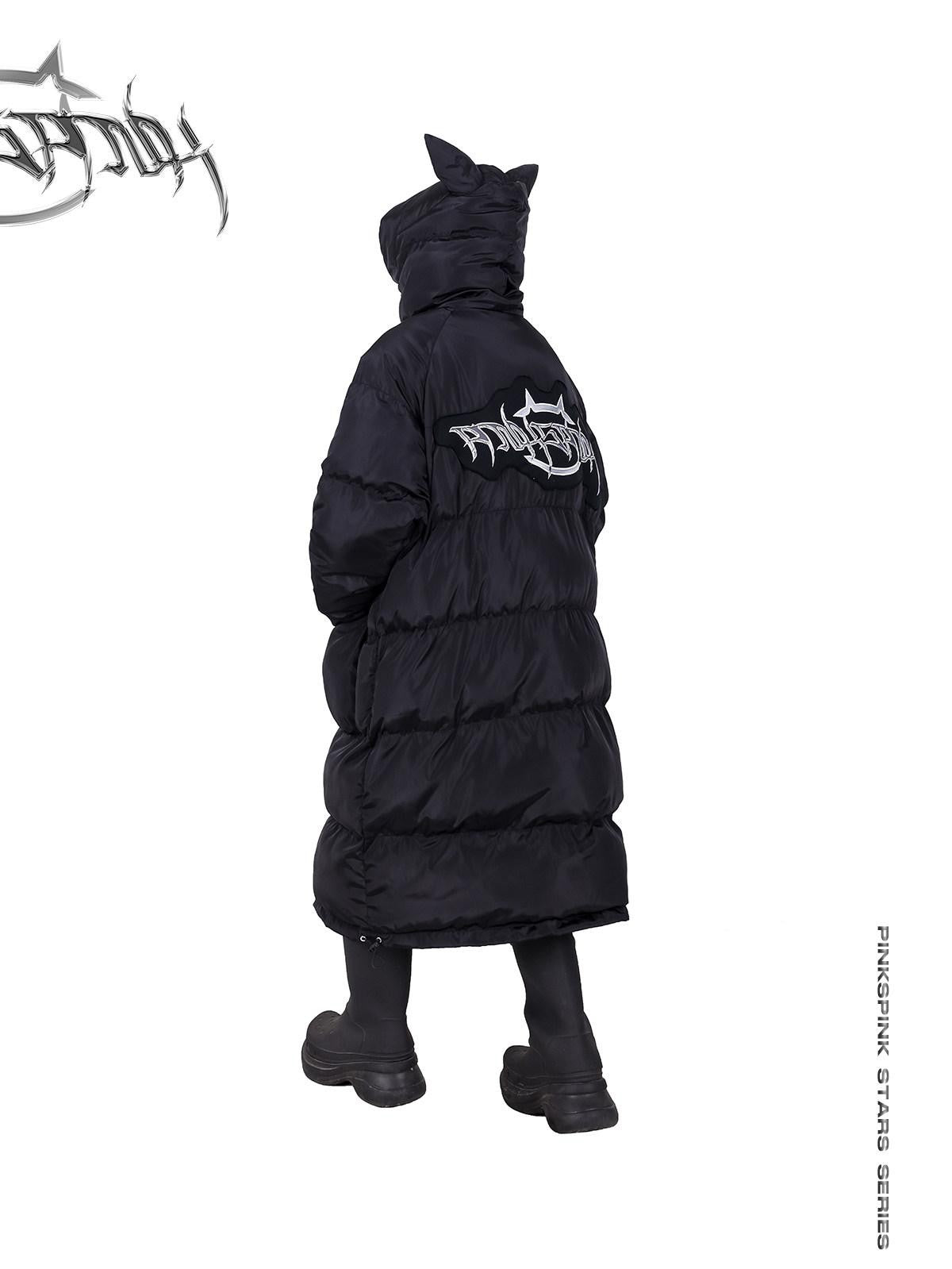 PINKSPINK Devil Cat Ear Lettering Hood Women's Cotton Filled Long Puffer Jackets