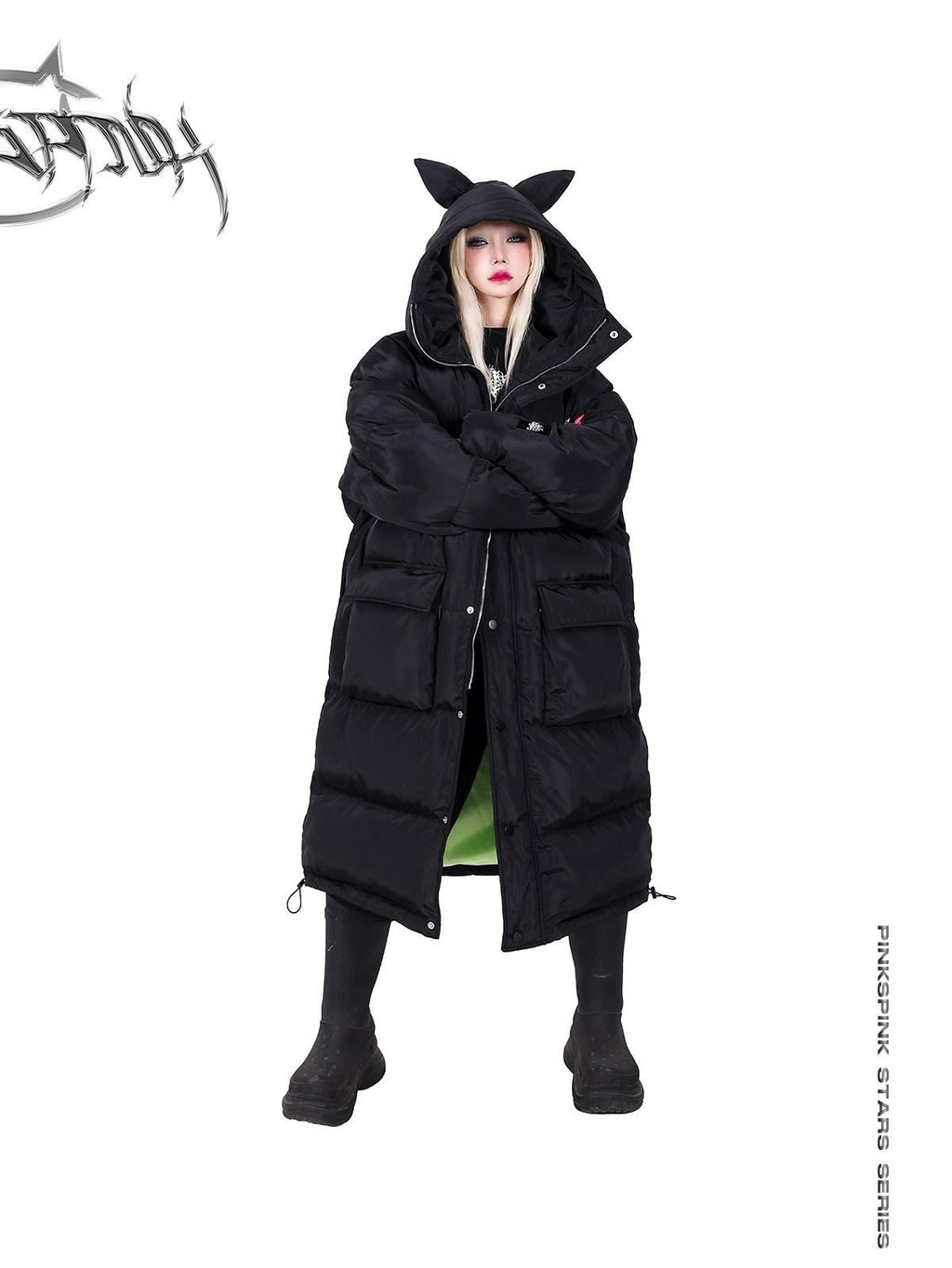 PINKSPINK Devil Cat Ear Lettering Hood Women's Cotton Filled Long Puffer Jackets