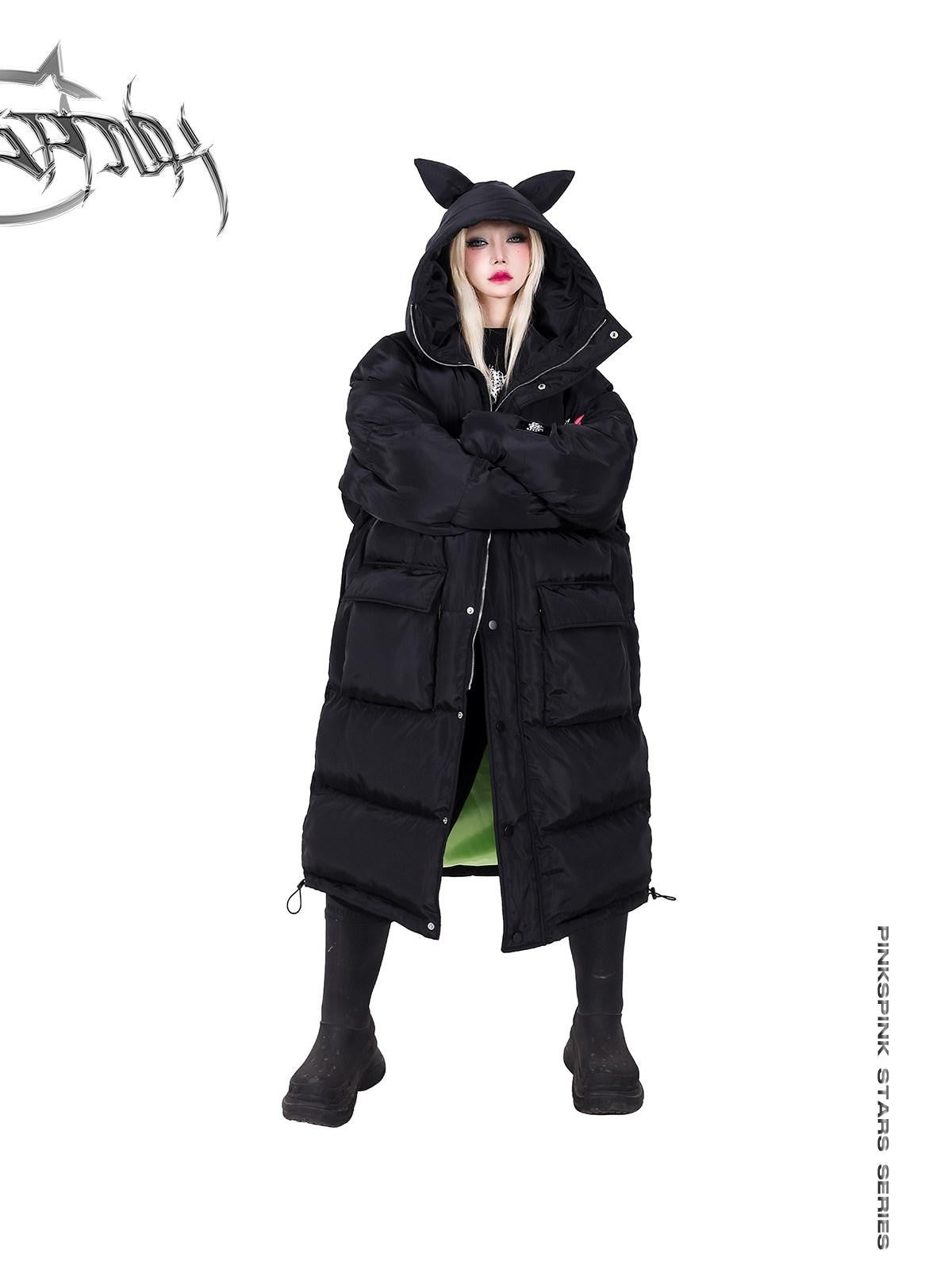 PINKSPINK Devil Cat Ear Lettering Hood Women's Cotton Filled Long Puffer Jackets