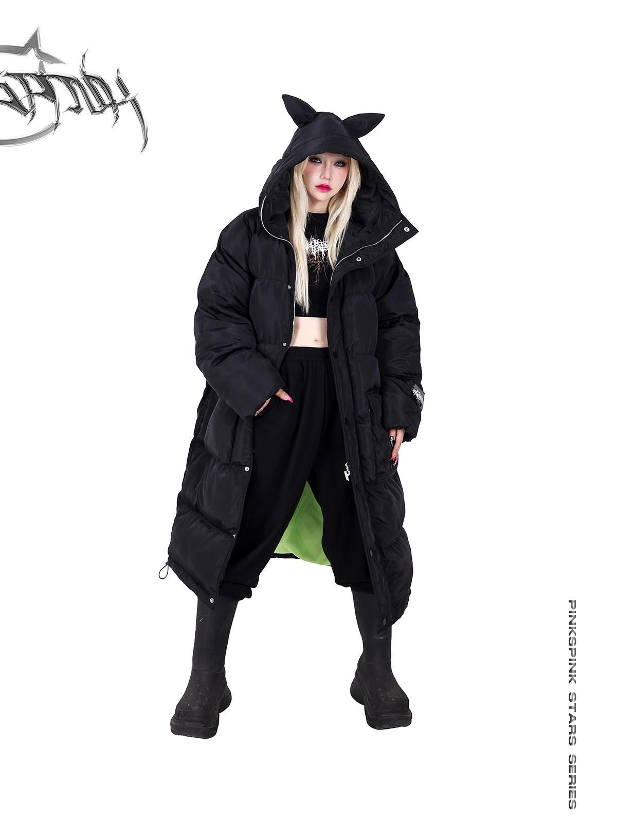 PINKSPINK Devil Cat Ear Lettering Hood Women's Cotton Filled Long Puffer Jackets