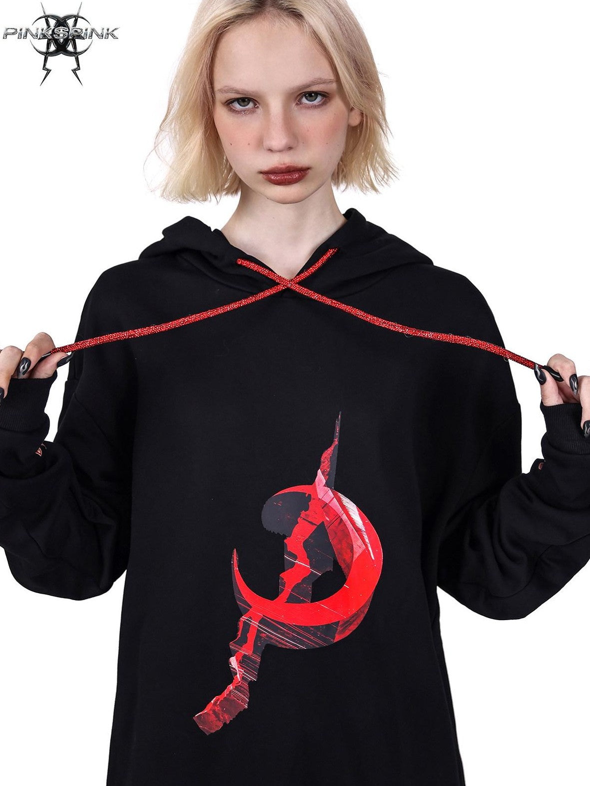 PINKSPINK Diamond Drawstring Hooded Letter Print Oversized Women's Sweatshirts