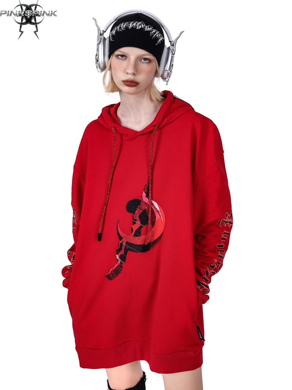 PINKSPINK Diamond Drawstring Hooded Letter Print Oversized Women's Sweatshirts