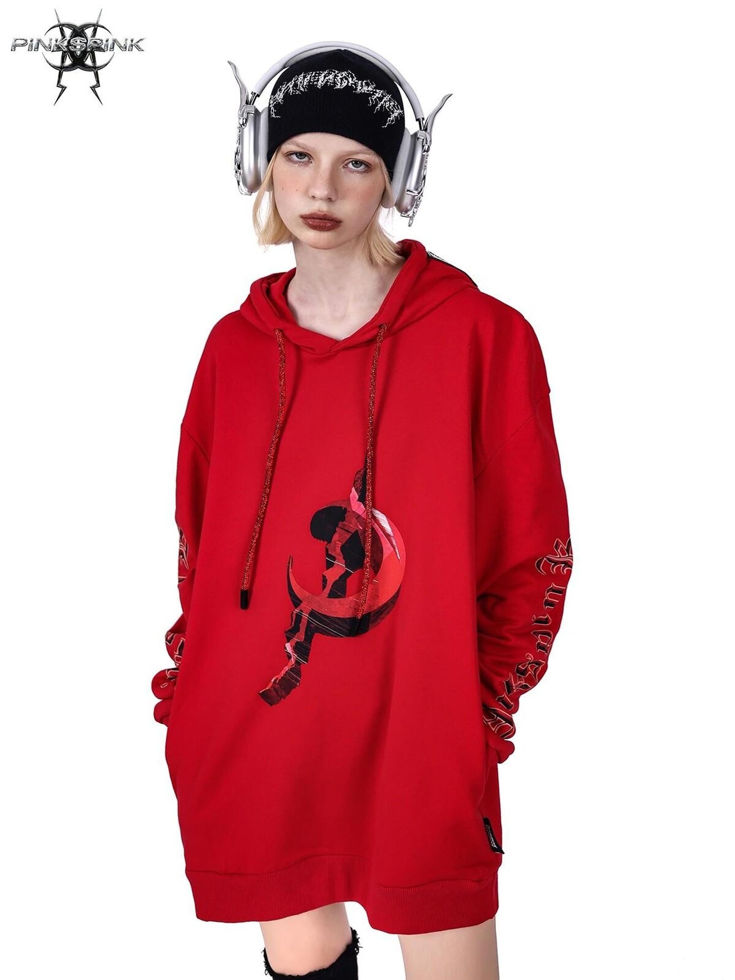 PINKSPINK Diamond Drawstring Letter Print Hooded Oversized Street Women's Sweatshirts