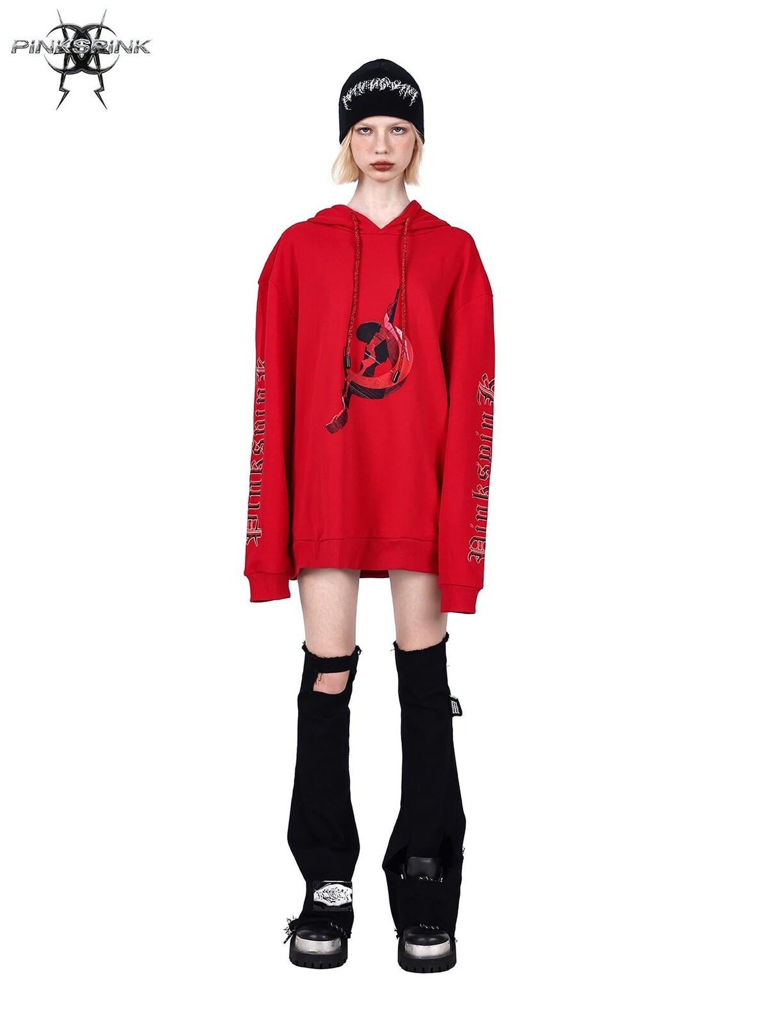 PINKSPINK Diamond Drawstring Letter Print Hooded Oversized Street Women's Sweatshirts