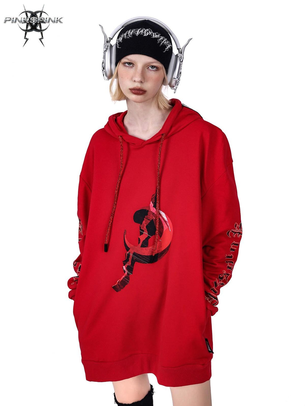 PINKSPINK Diamond Drawstring Letter Print Hooded Oversized Street Women's Sweatshirts