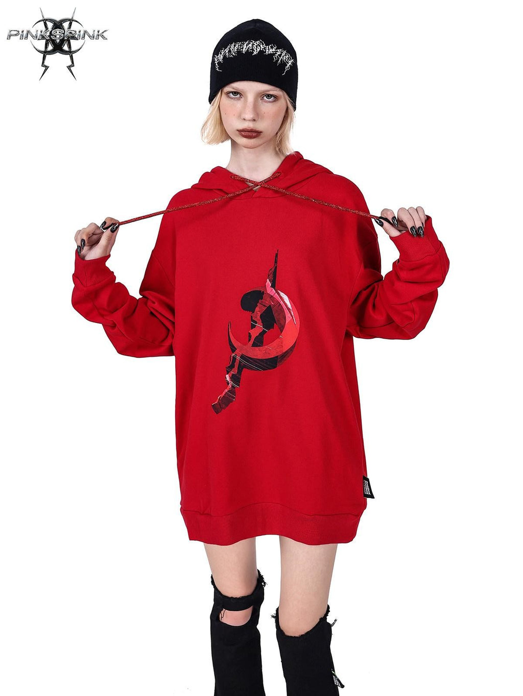PINKSPINK Diamond Drawstring Letter Print Hooded Oversized Street Women's Sweatshirts