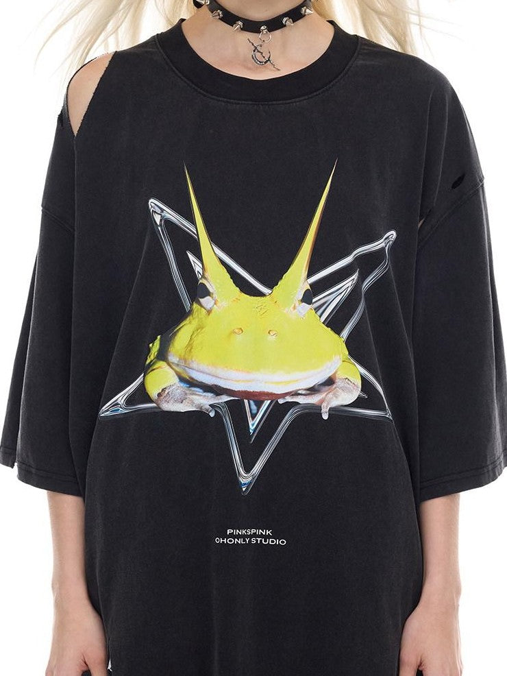 PINKSPINK Distressed Gray Rock Frog Print Irregular Ripped Punk Women's Oversized T-shirts