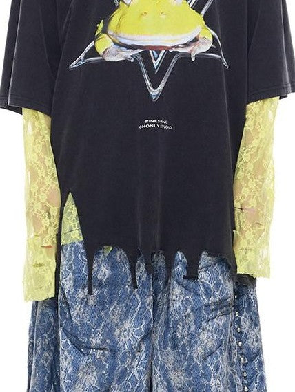 PINKSPINK Distressed Gray Rock Frog Print Irregular Ripped Punk Women's Oversized T-shirts