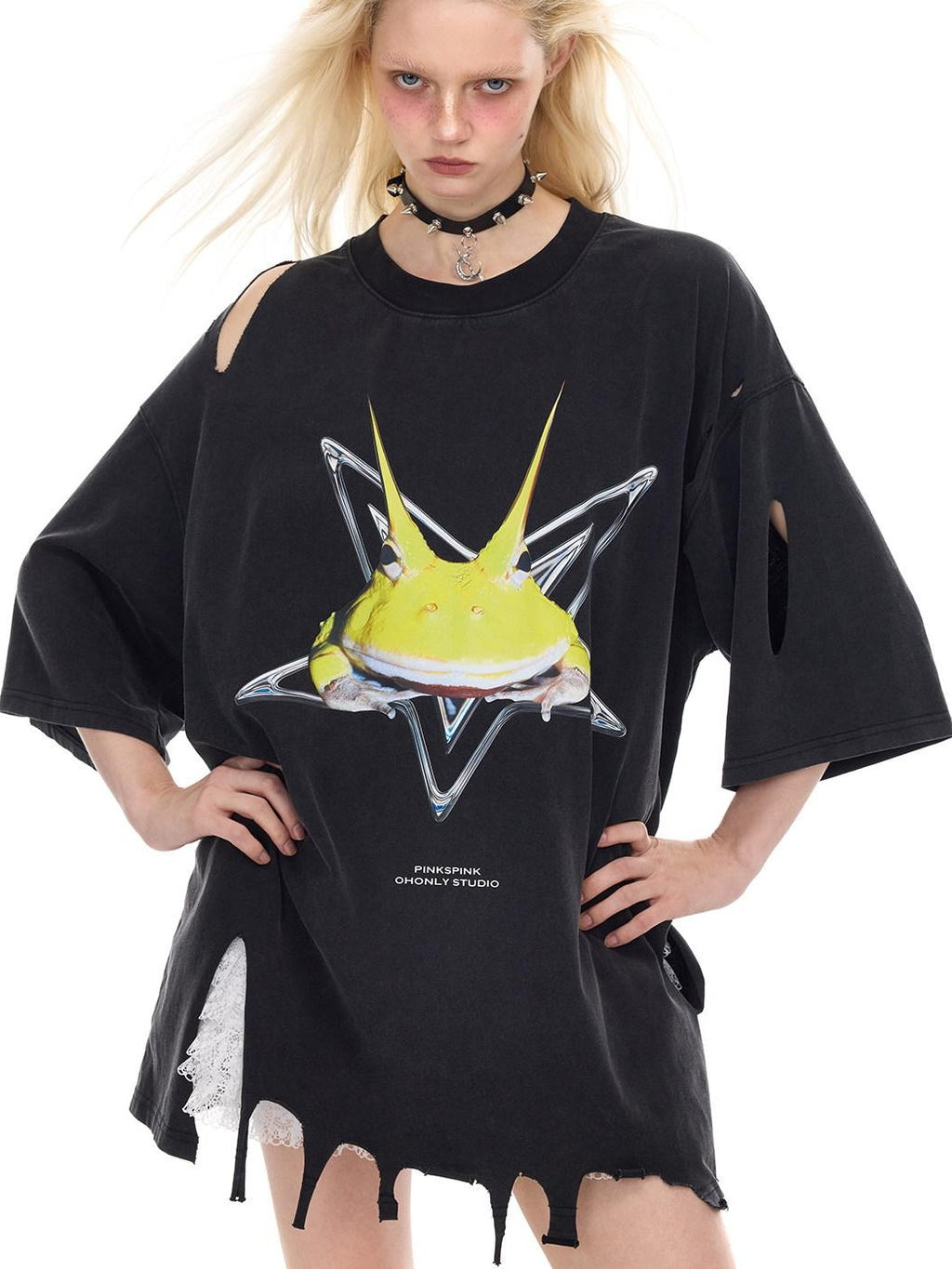 PINKSPINK Distressed Gray Rock Frog Print Irregular Ripped Punk Women's Oversized T-shirts
