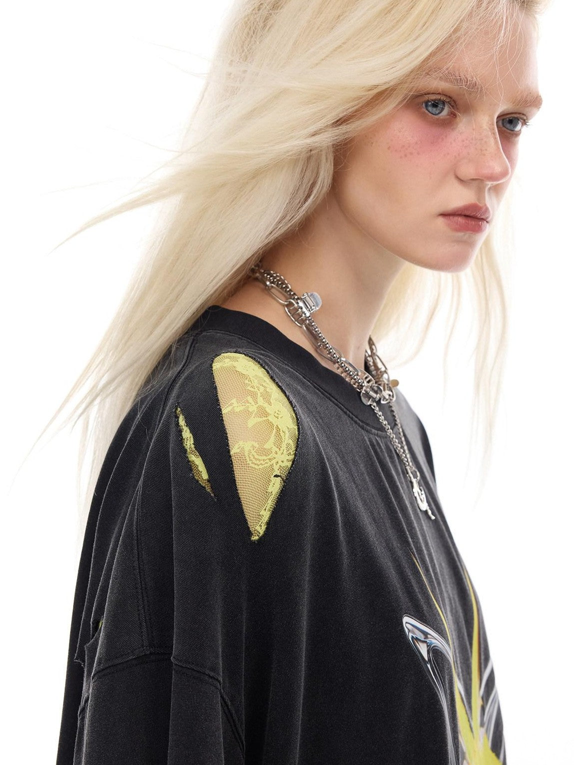 PINKSPINK Distressed Gray Rock Frog Print Irregular Ripped Punk Women's Oversized T-shirts