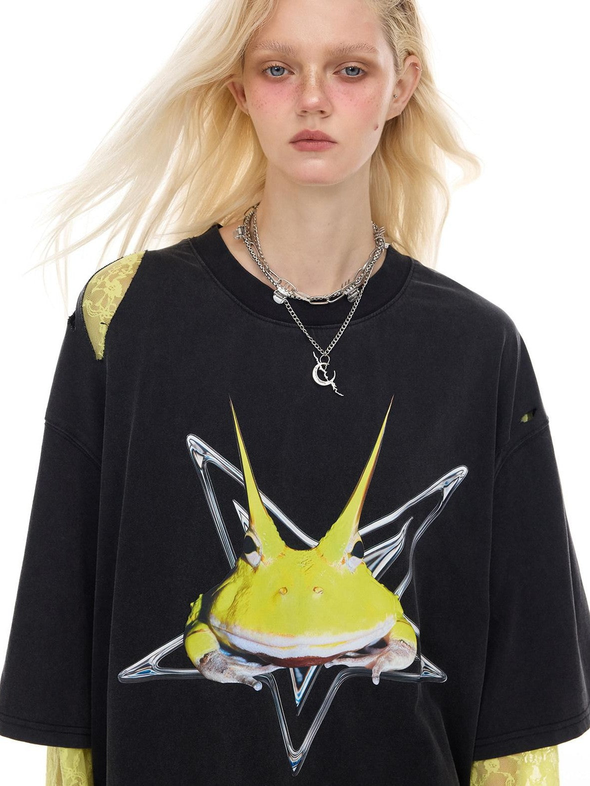 PINKSPINK Distressed Gray Rock Frog Print Irregular Ripped Punk Women's Oversized T-shirts