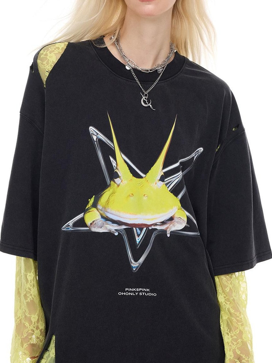 PINKSPINK Distressed Gray Rock Frog Print Irregular Ripped Punk Women's Oversized T-shirts