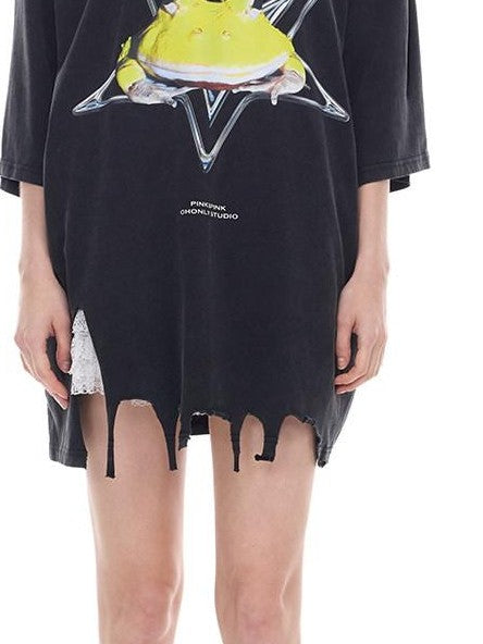 PINKSPINK Distressed Gray Rock Frog Print Irregular Ripped Punk Women's Oversized T-shirts