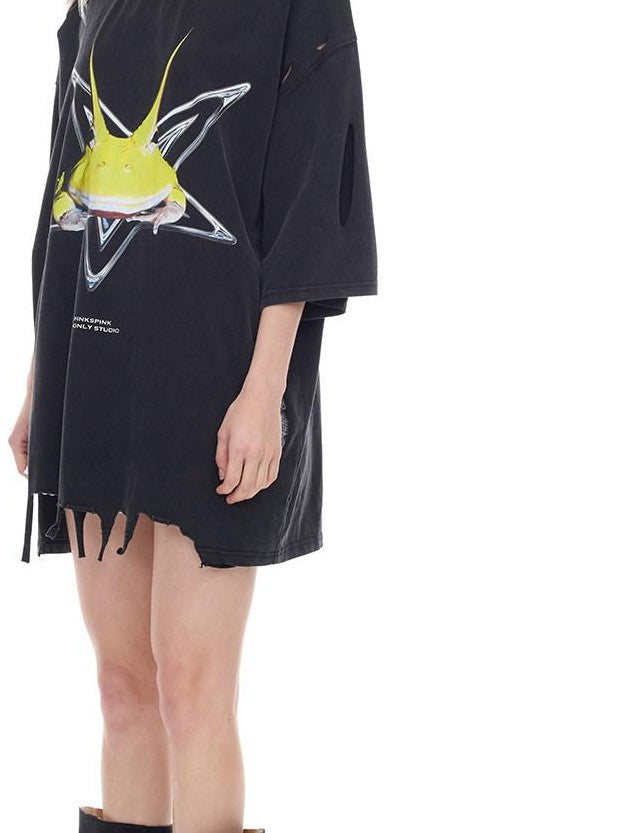 PINKSPINK Distressed Gray Rock Frog Print Irregular Ripped Punk Women's Oversized T-shirts
