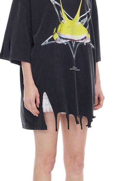 PINKSPINK Distressed Gray Rock Frog Print Irregular Ripped Punk Women's Oversized T-shirts