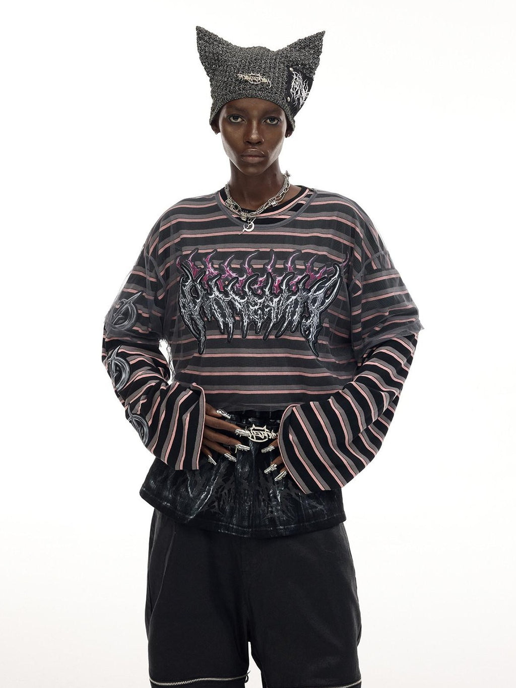 PINKSPINK Distressed Patch Embroidered Striped Women's Cotton Long Sleeve T-shirts