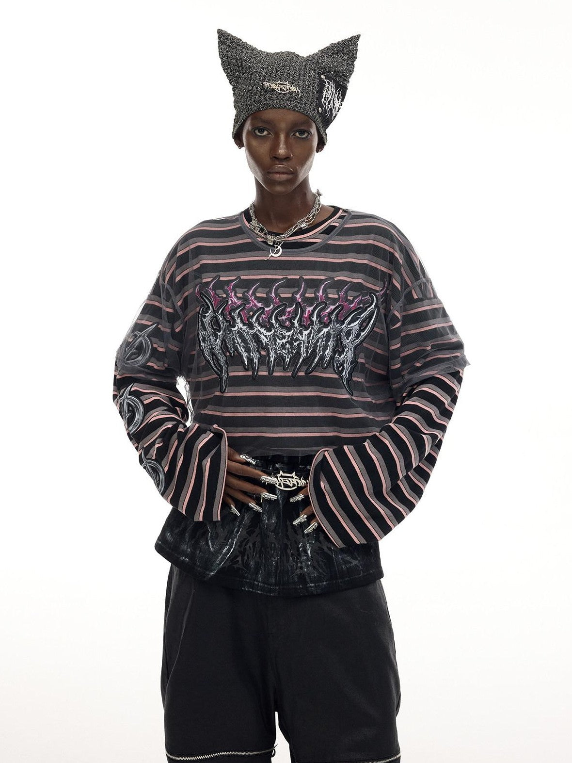 PINKSPINK Distressed Patch Embroidered Striped Women's Cotton Long Sleeve T-shirts