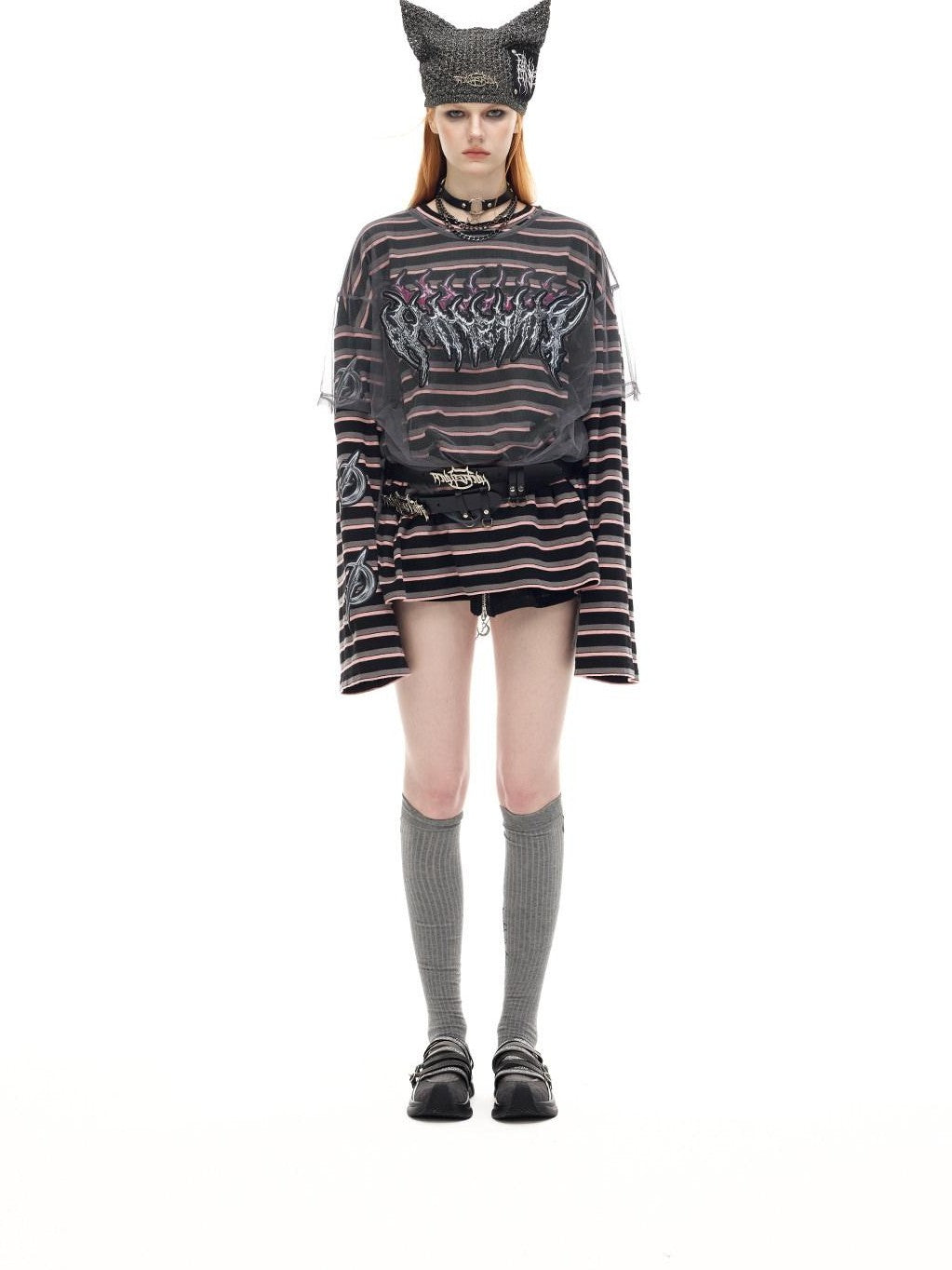 PINKSPINK Distressed Patch Embroidered Striped Women's Cotton Long Sleeve T-shirts