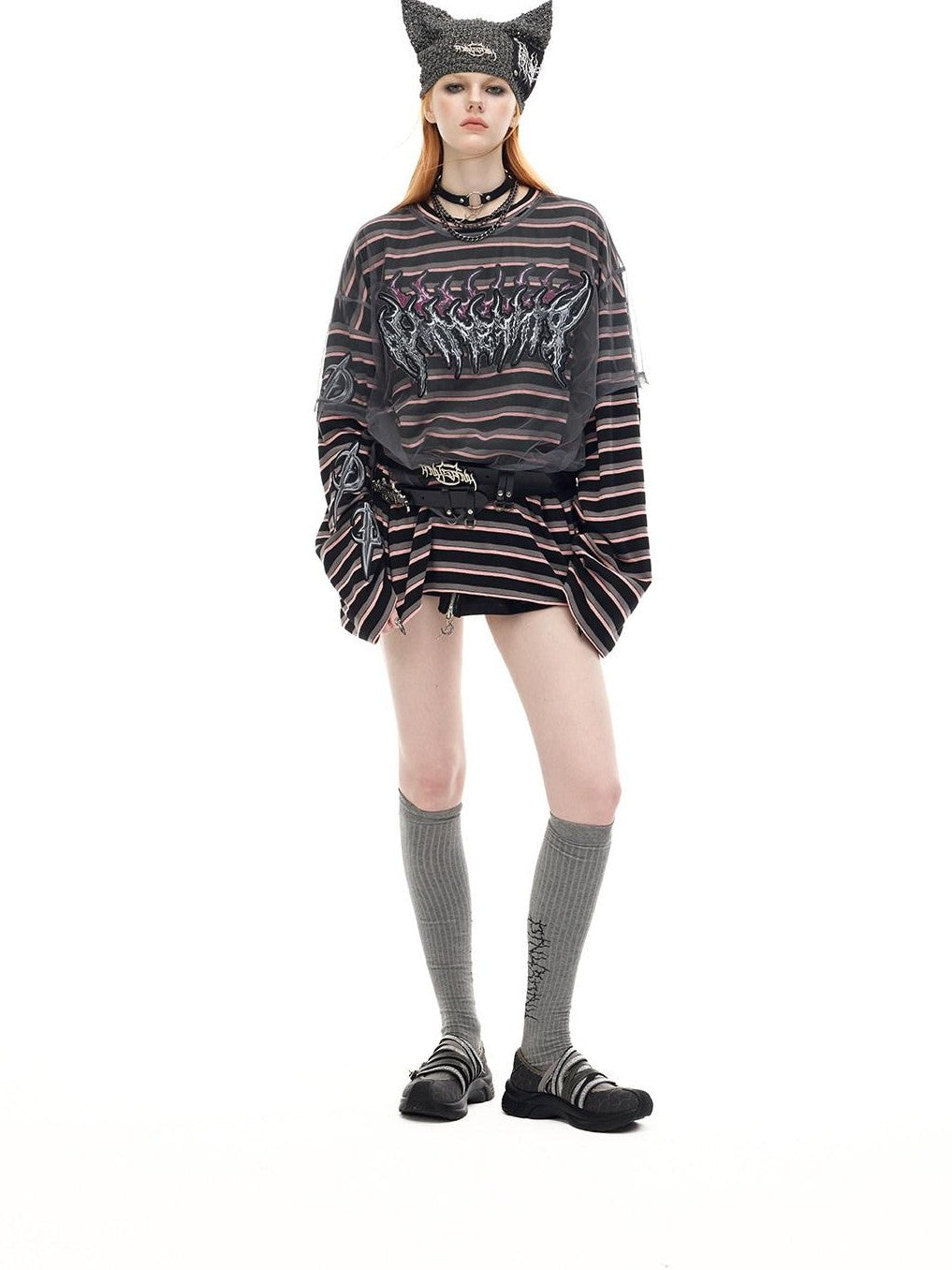PINKSPINK Distressed Patch Embroidered Striped Women's Cotton Long Sleeve T-shirts