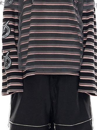 PINKSPINK Distressed Patch Embroidered Striped Women's Cotton Long Sleeve T-shirts