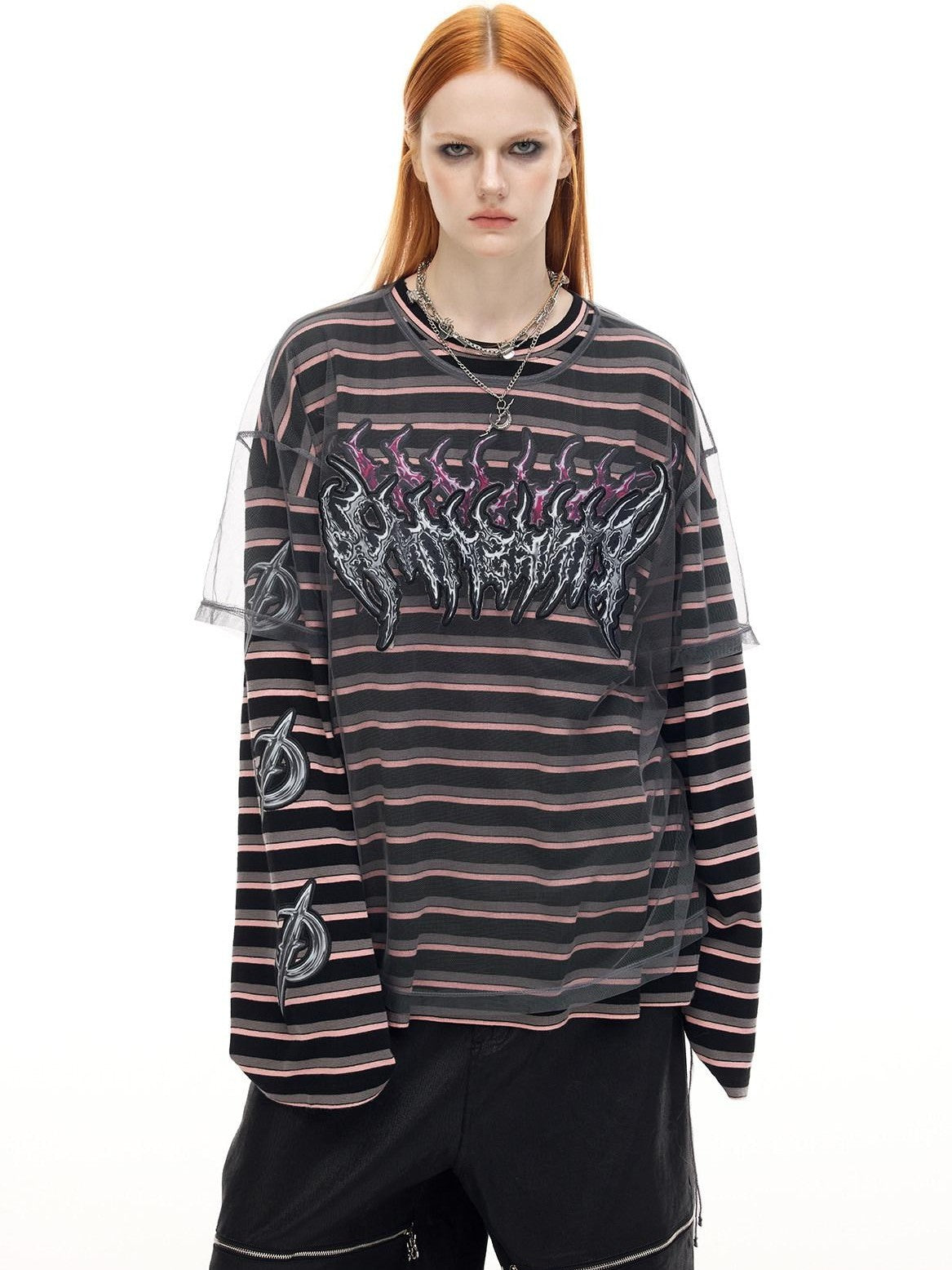 PINKSPINK Distressed Patch Embroidered Striped Women's Cotton Long Sleeve T-shirts