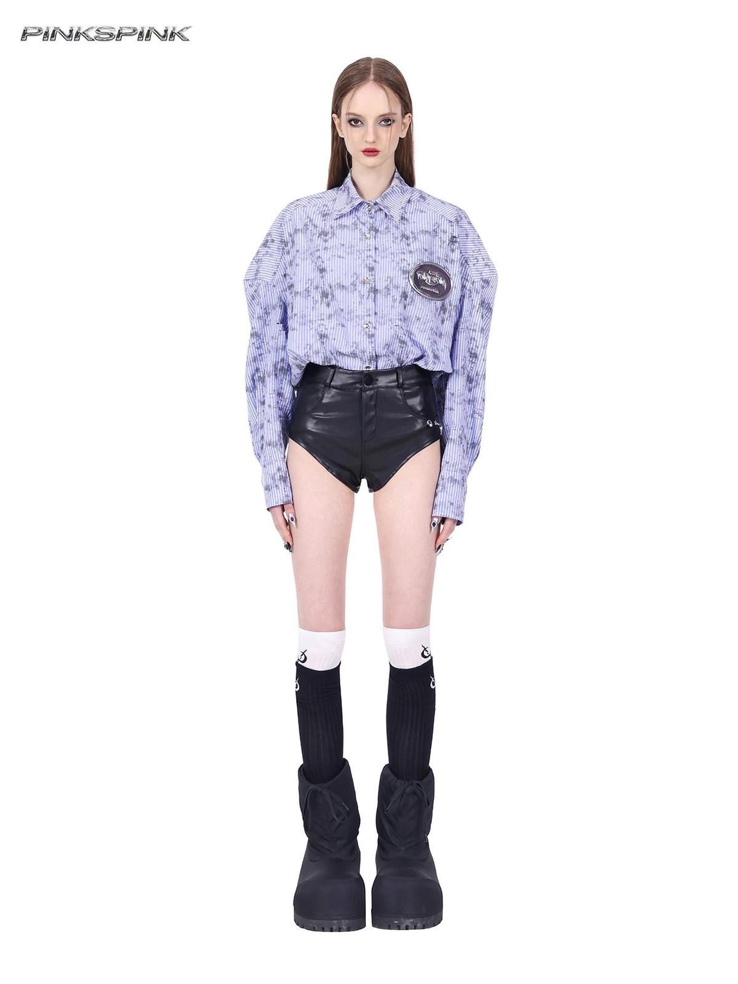 PINKSPINK Distressed Stripe Cat Paw Ripped Boxy Women's Synthetic Blend Oversized Shirts