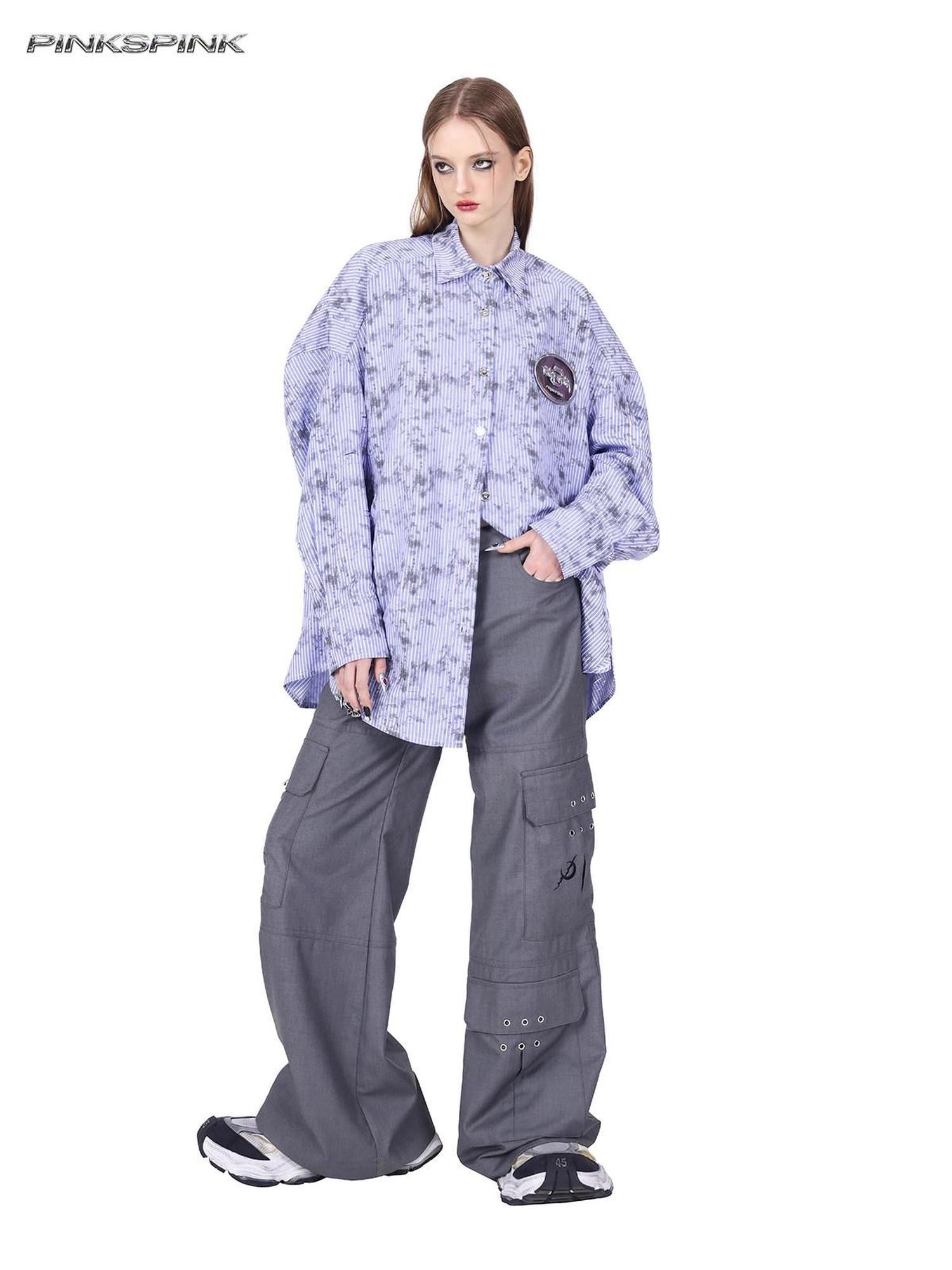 PINKSPINK Distressed Stripe Cat Paw Ripped Boxy Women's Synthetic Blend Oversized Shirts