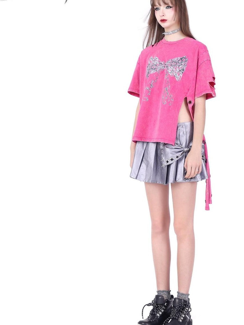 PINKSPINK Distressed Washed Print Bow Geometric Punk Women's Short Sleeve T-shirts