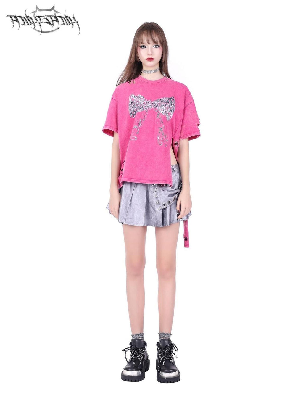 PINKSPINK Distressed Washed Print Bow Geometric Punk Women's Short Sleeve T-shirts