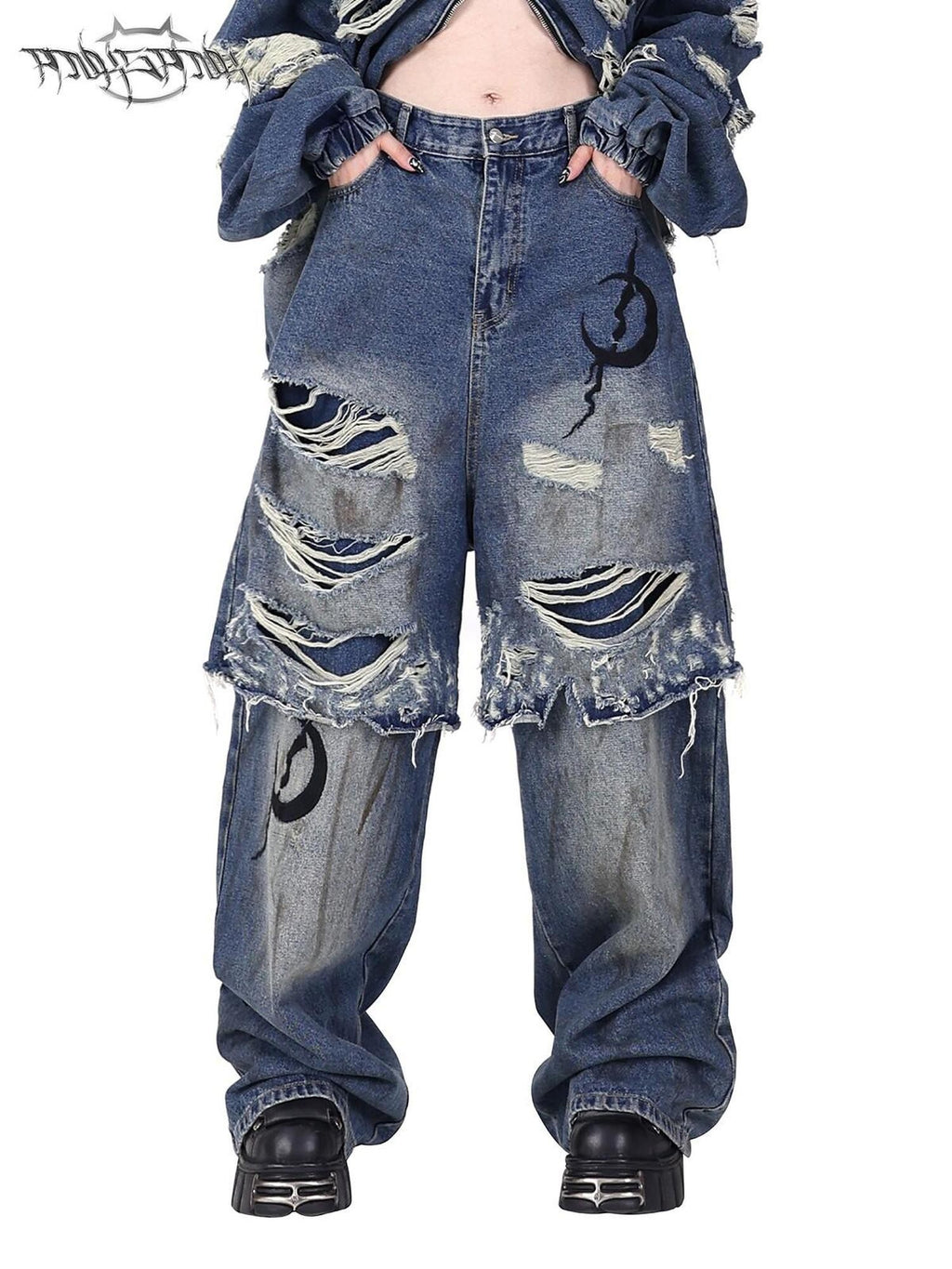 PINKSPINK Double Layer Super Ripped Frayed Hem Wide Leg Women's Denim Distressed Jeans