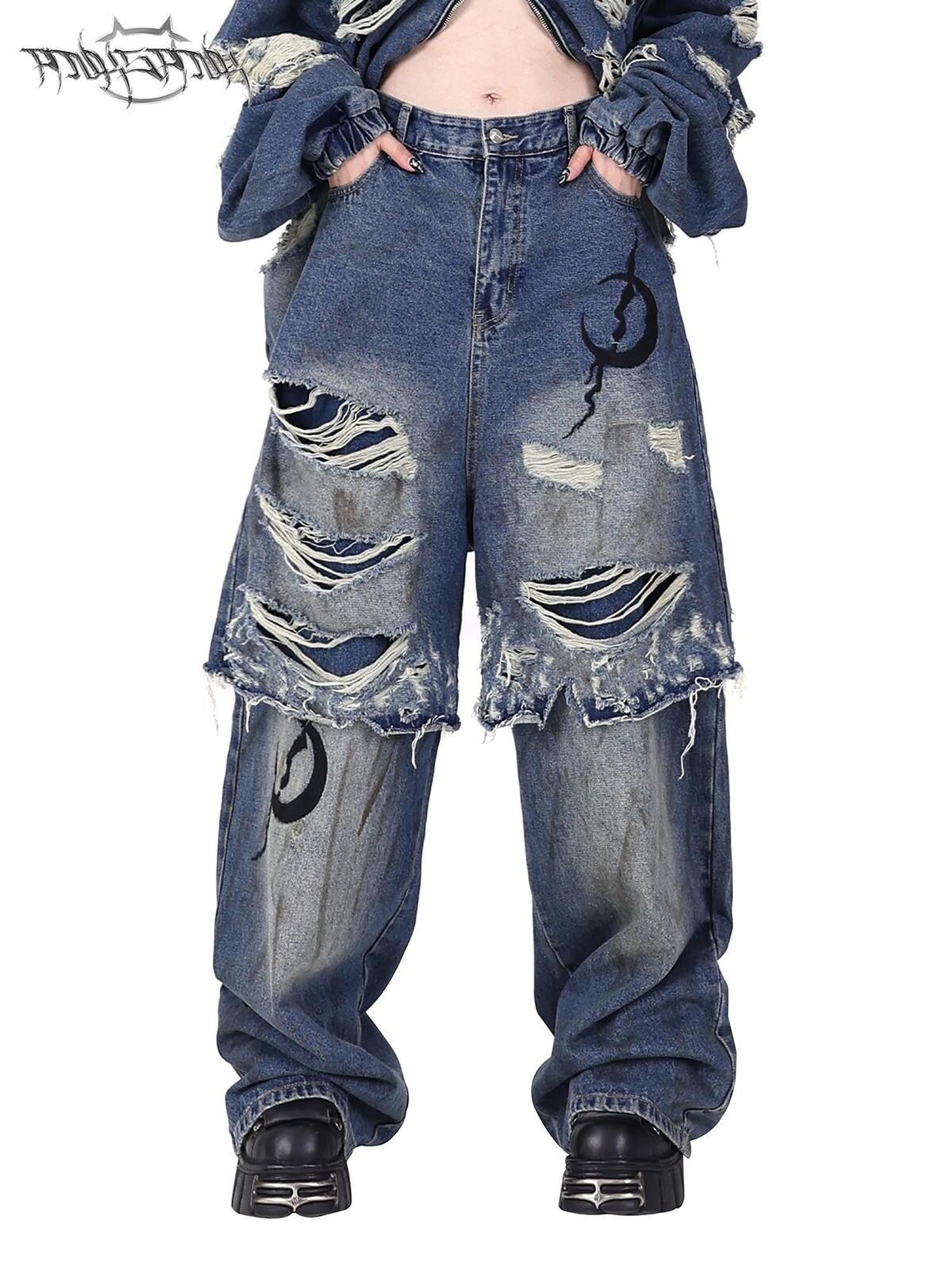 PINKSPINK Double Layer Super Ripped Frayed Hem Wide Leg Women's Denim Distressed Jeans