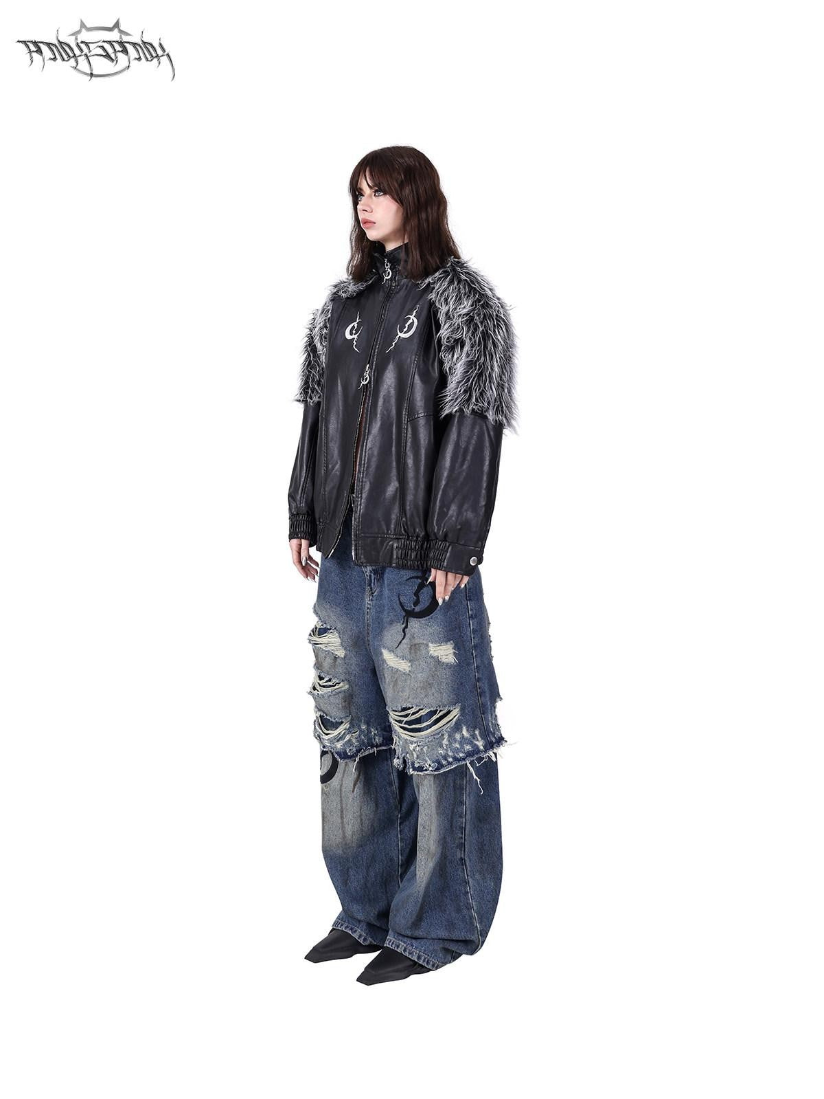 PINKSPINK Double Layer Super Ripped Frayed Hem Wide Leg Women's Denim Distressed Jeans