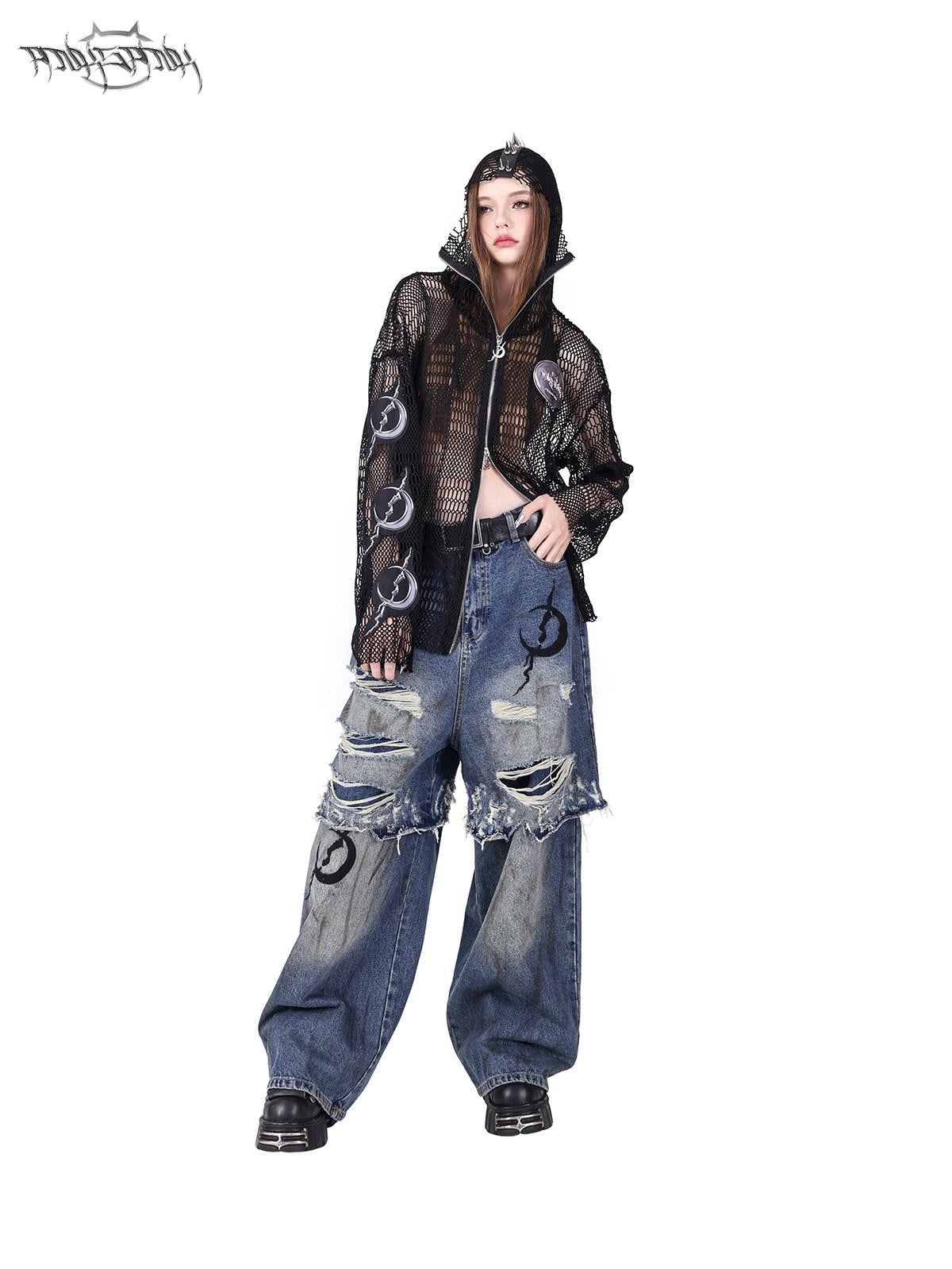 PINKSPINK Double Layer Super Ripped Frayed Hem Wide Leg Women's Denim Distressed Jeans