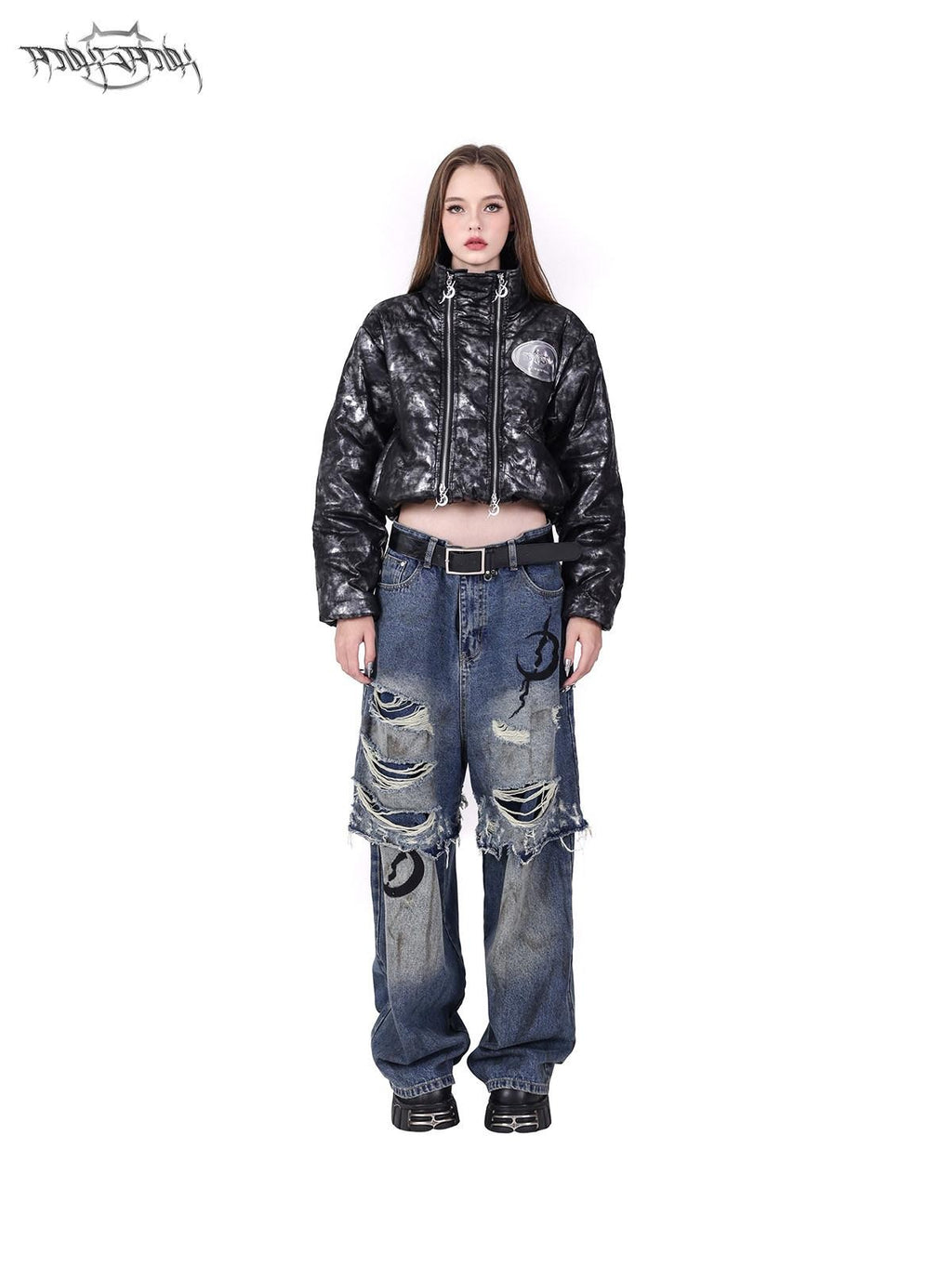 PINKSPINK Double Layer Super Ripped Frayed Hem Wide Leg Women's Denim Distressed Jeans
