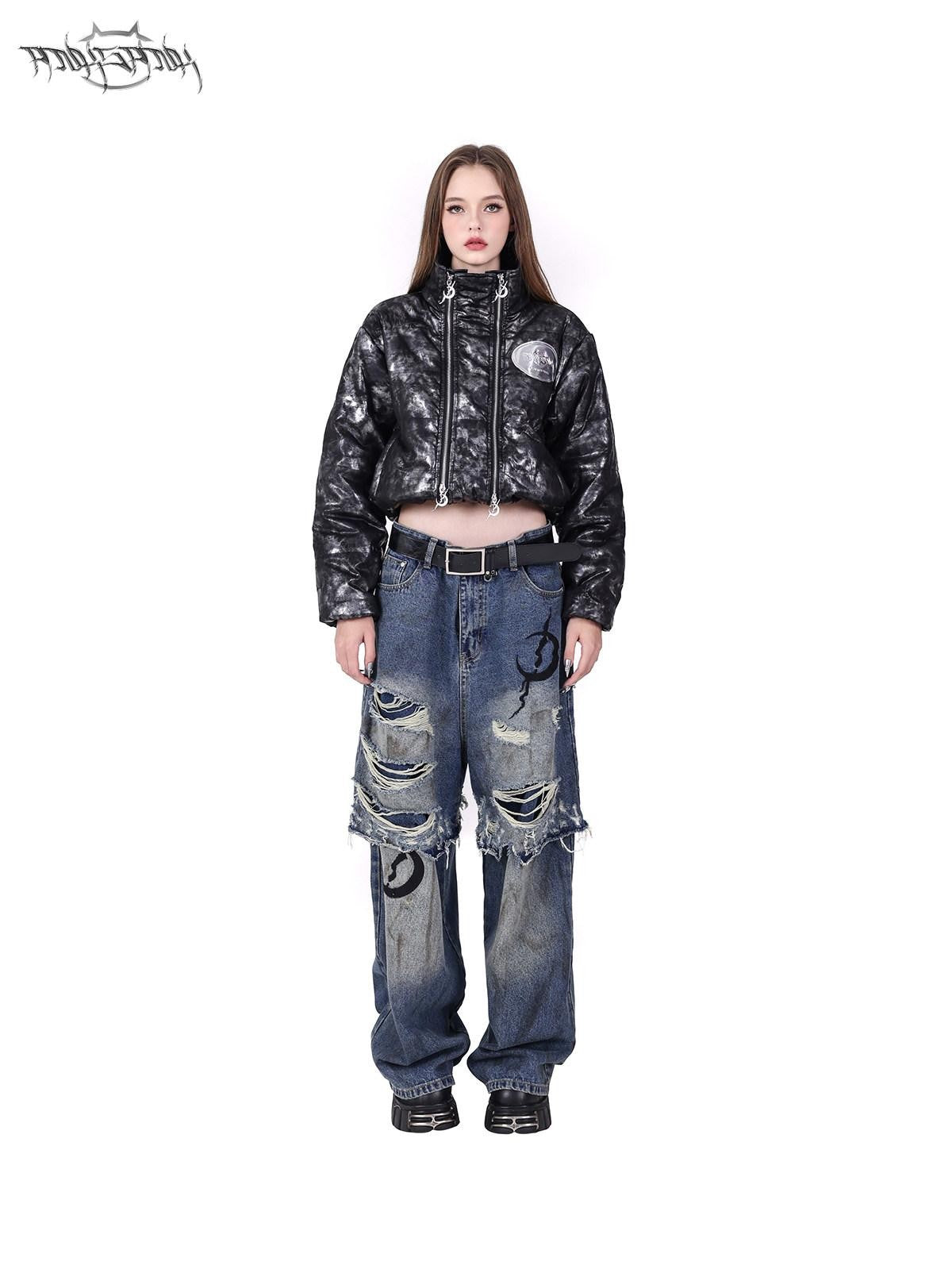 PINKSPINK Double Layer Super Ripped Frayed Hem Wide Leg Women's Denim Distressed Jeans