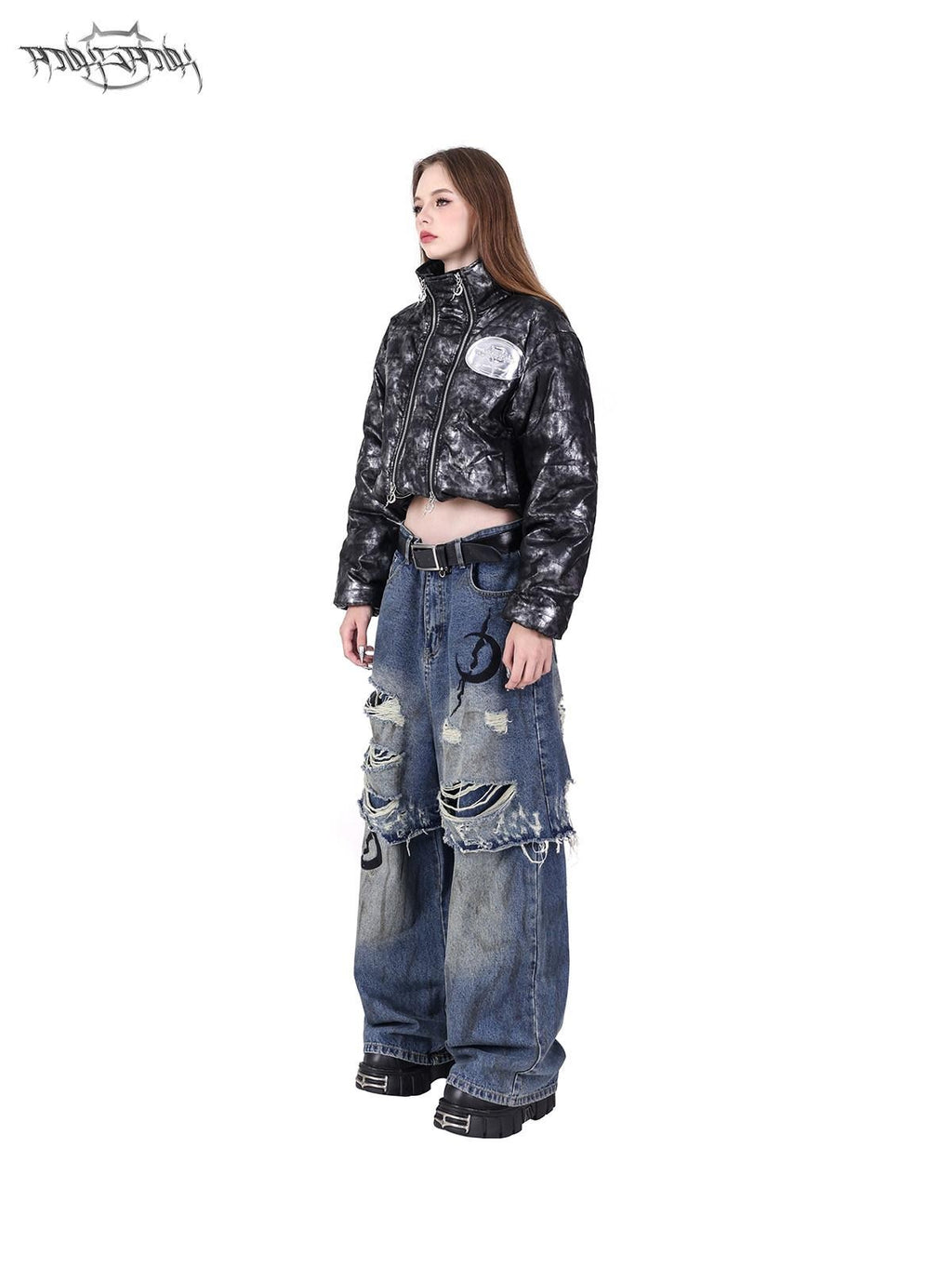 PINKSPINK Double Layer Super Ripped Frayed Hem Wide Leg Women's Denim Distressed Jeans